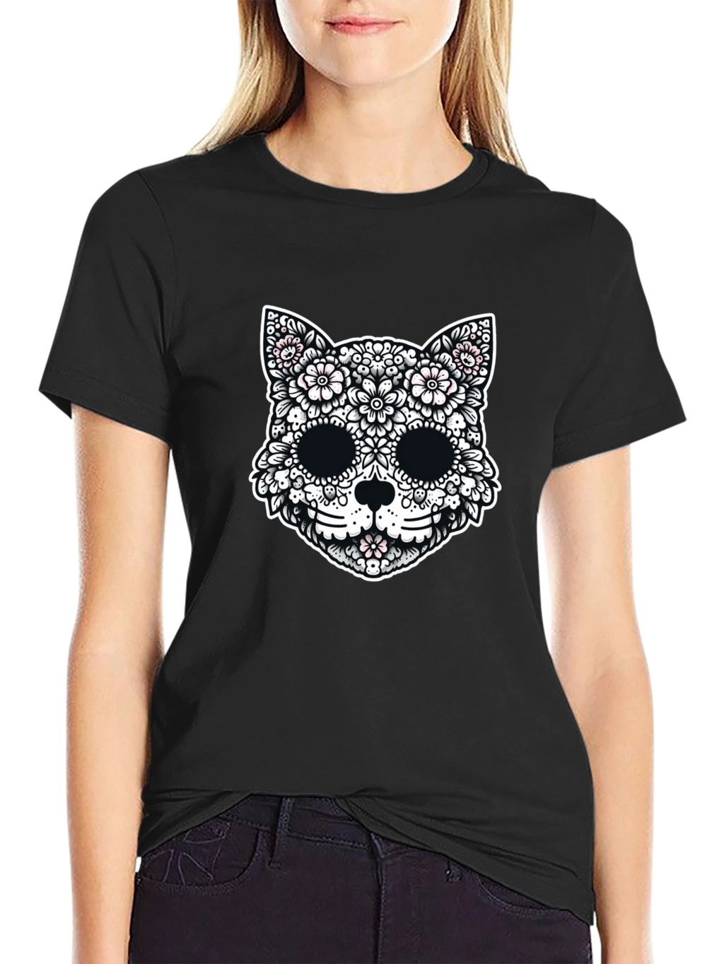 Floral Cat Sugar Skull Graphic Tee