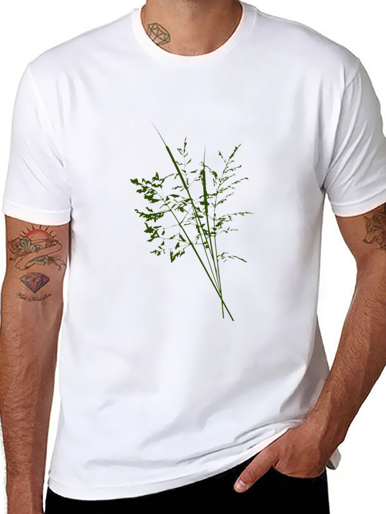 Mens Black Tee with Abstract Green Plant Design