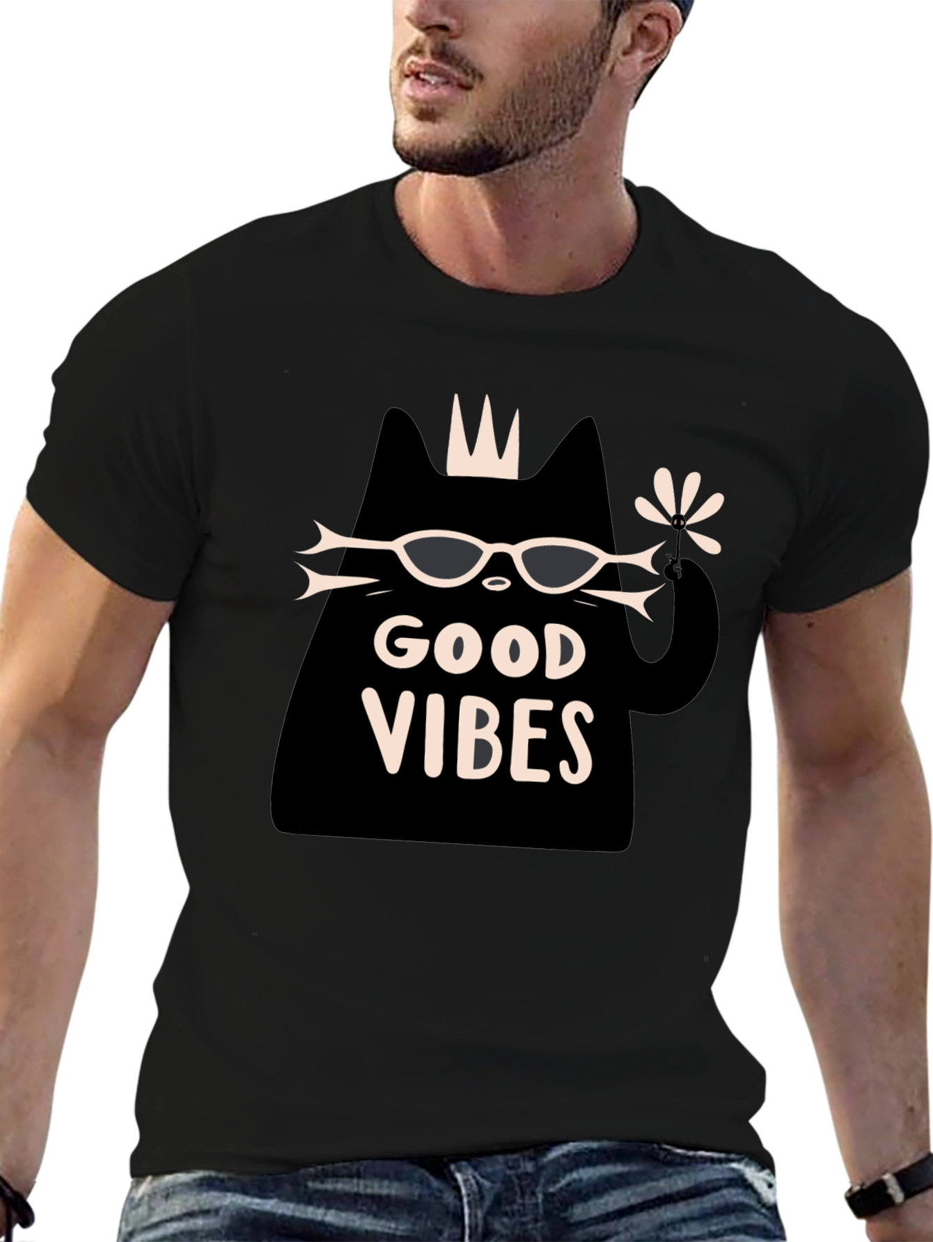 Good Vibes Cat Graphic T-Shirt - Black