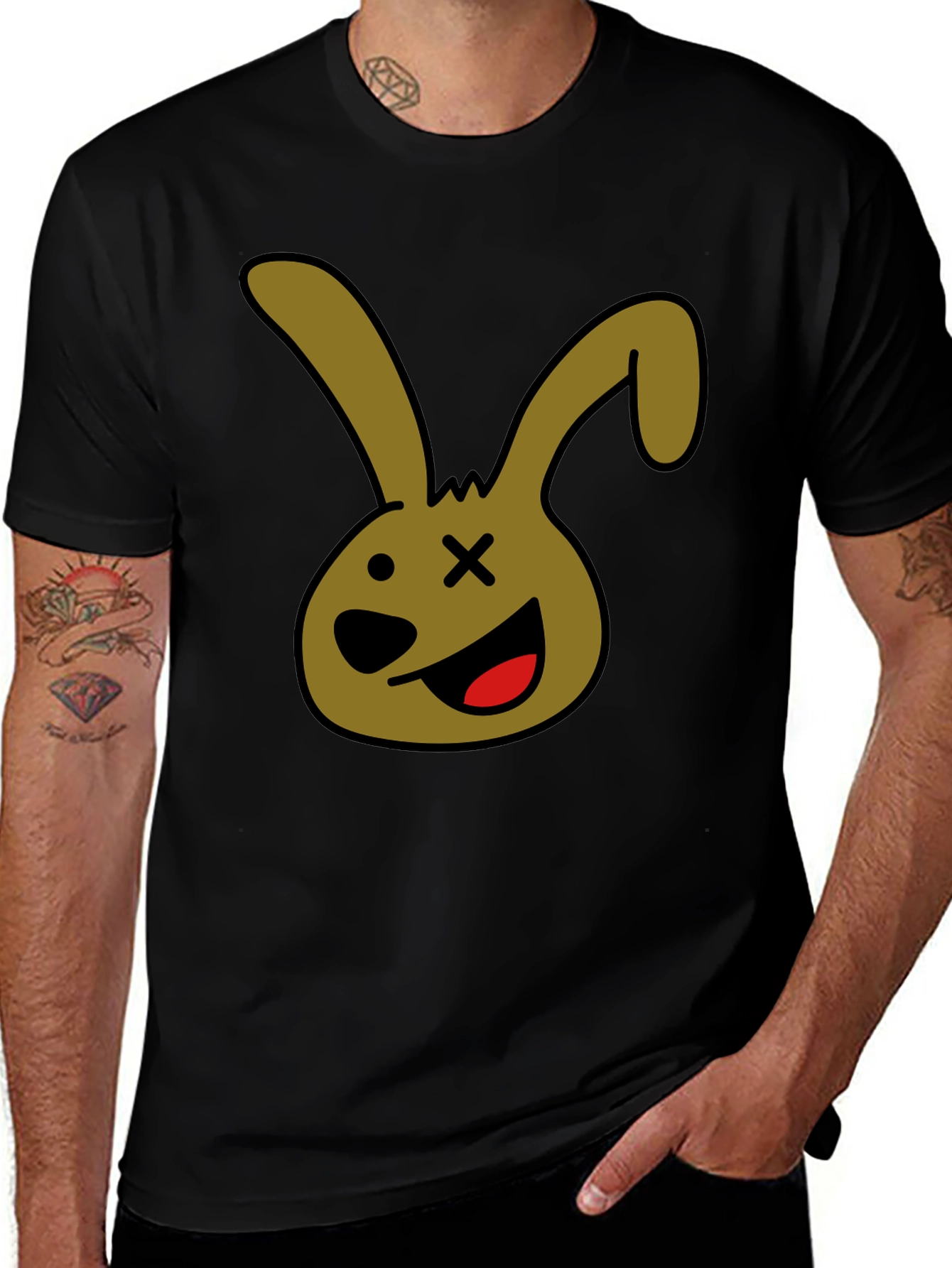 Cartoon Bunny Graphic Tee - Black Unisex T-Shirt