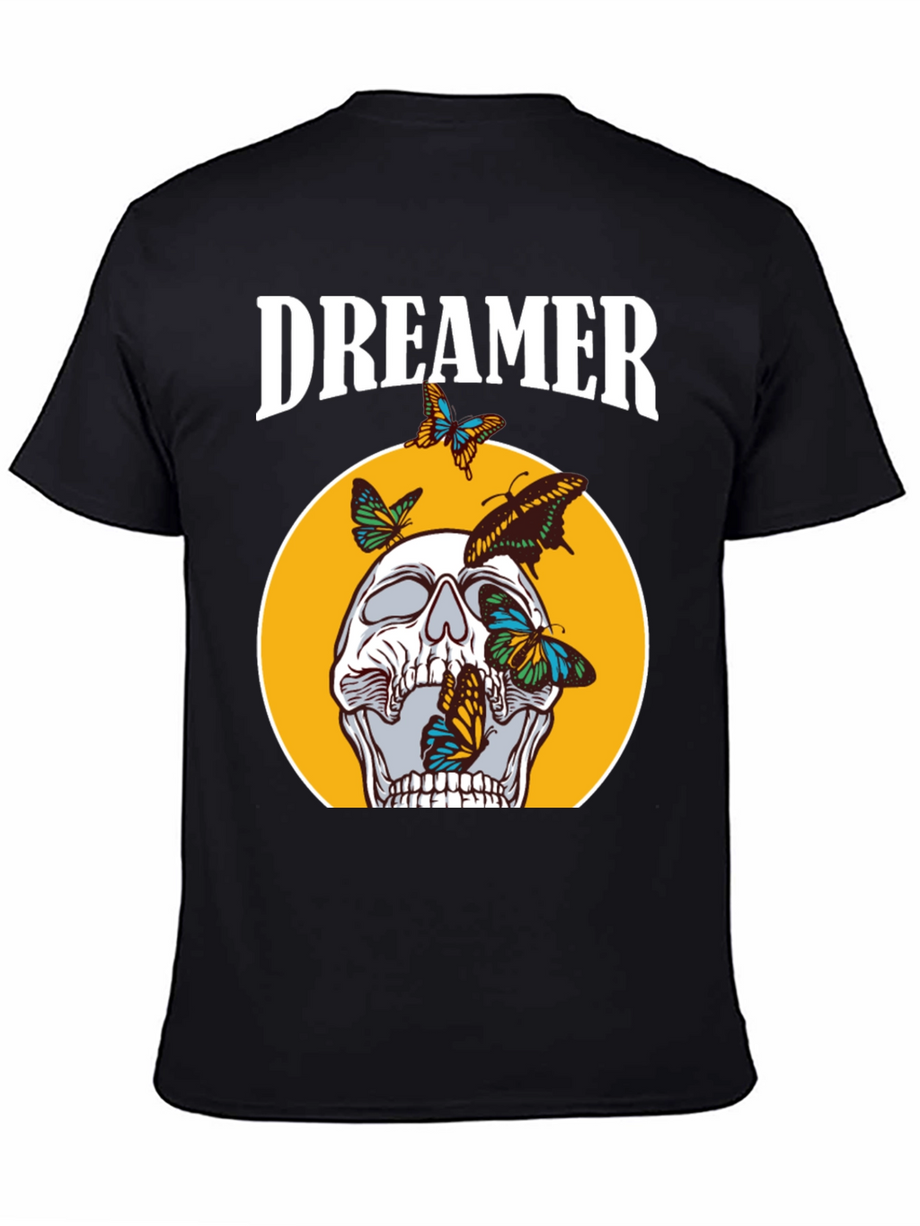 Dreamer Skull Butterfly Graphic Tee - Black Cotton T-Shirt