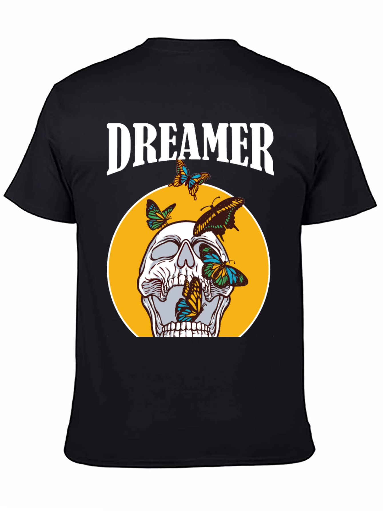 Dreamer Skull Butterfly Graphic Tee - Black Cotton T-Shirt