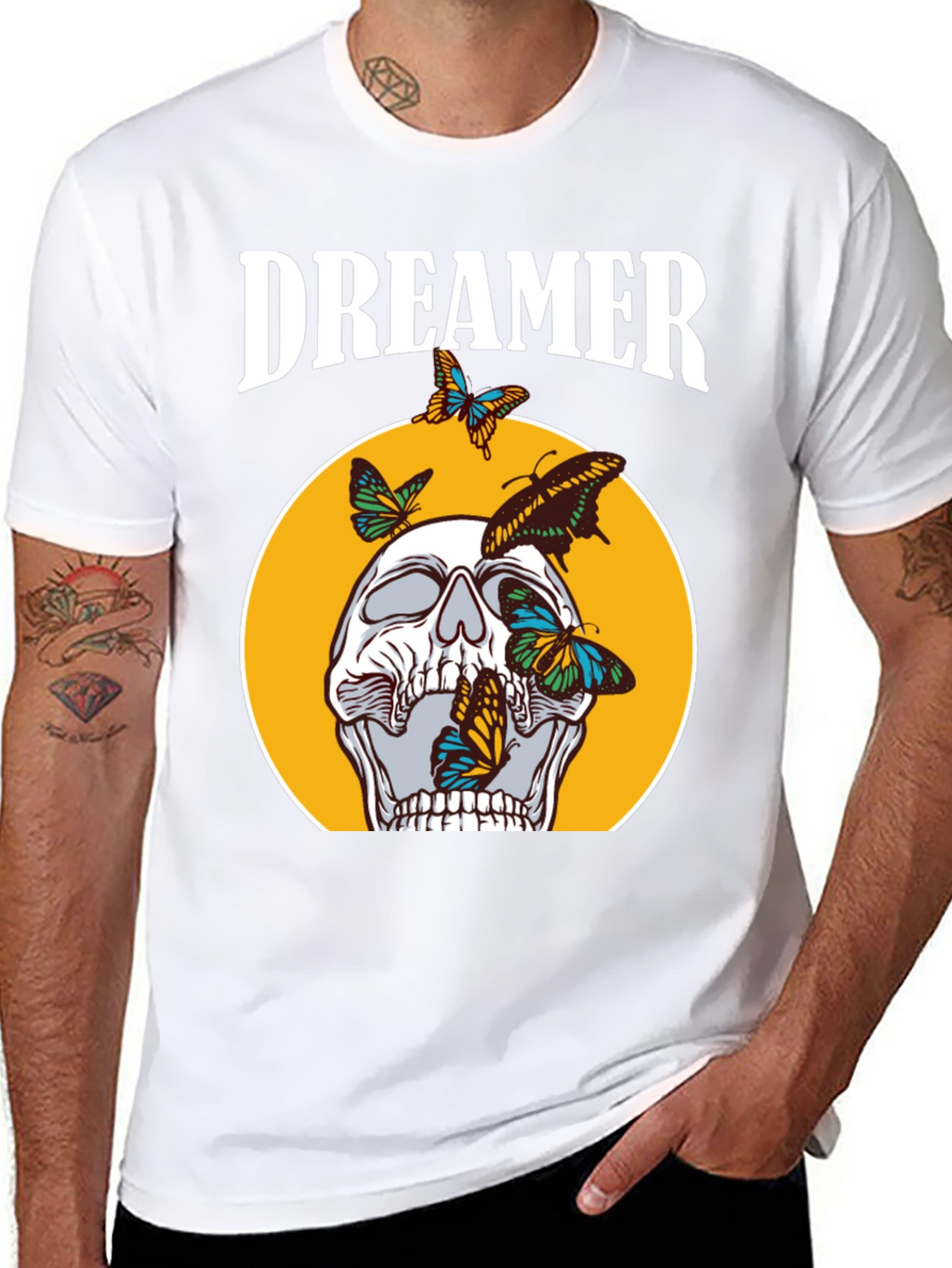 Dreamer Skull Butterfly Graphic Tee - Black Cotton T-Shirt
