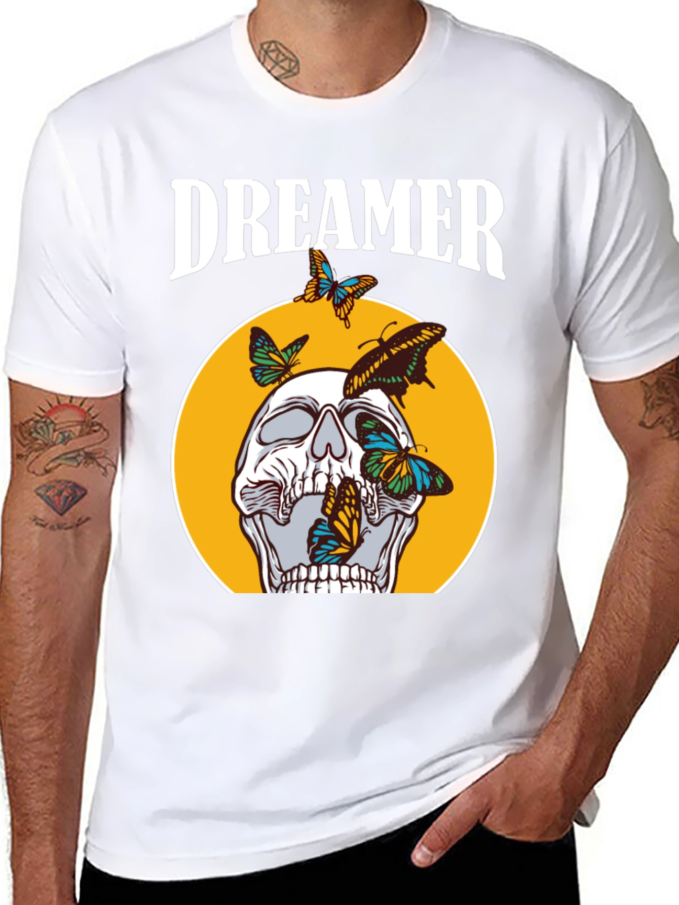 Dreamer Skull Butterfly Graphic Tee - Black Cotton T-Shirt