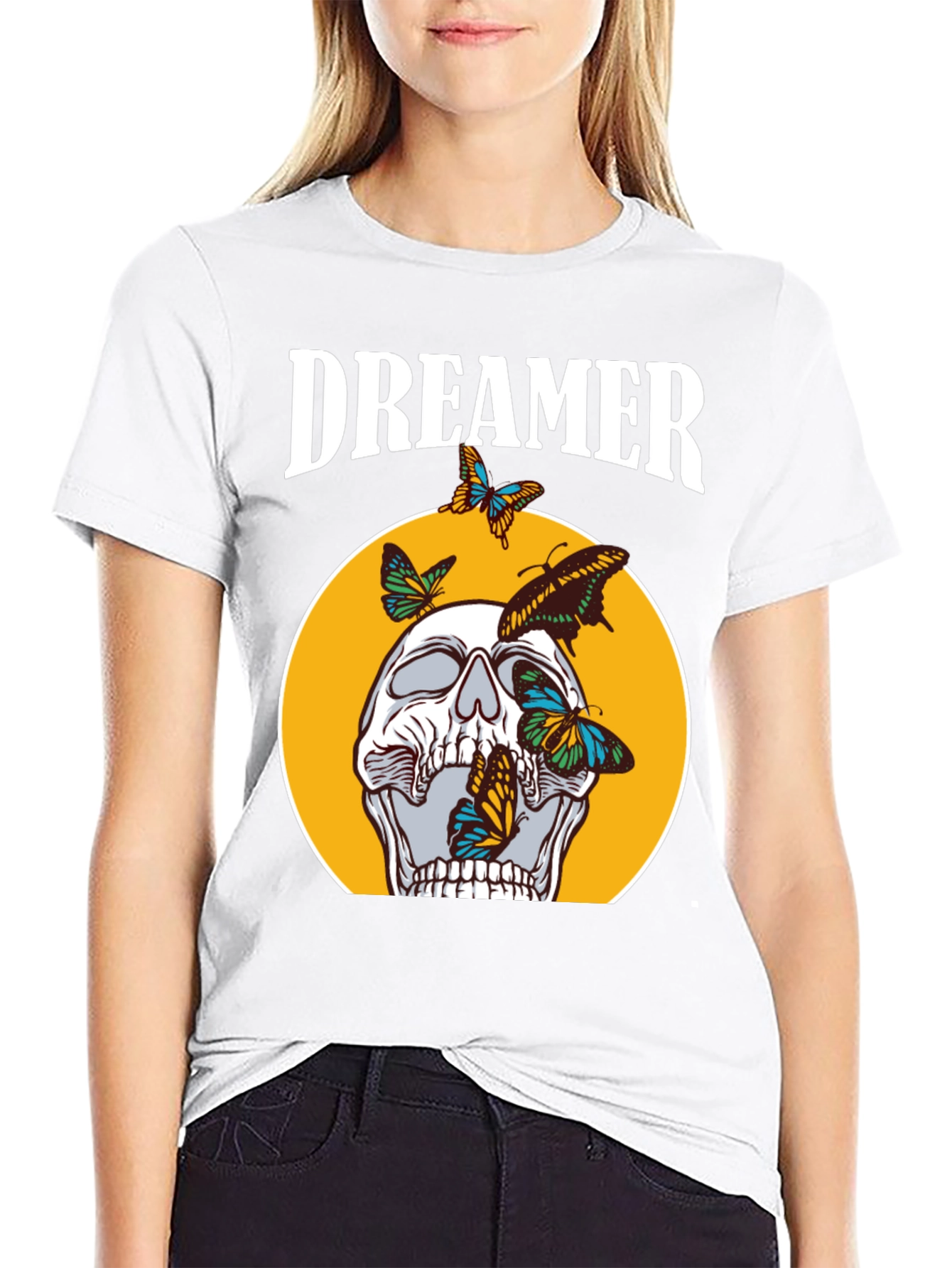 Dreamer Skull Butterfly Graphic Tee - Black Cotton T-Shirt