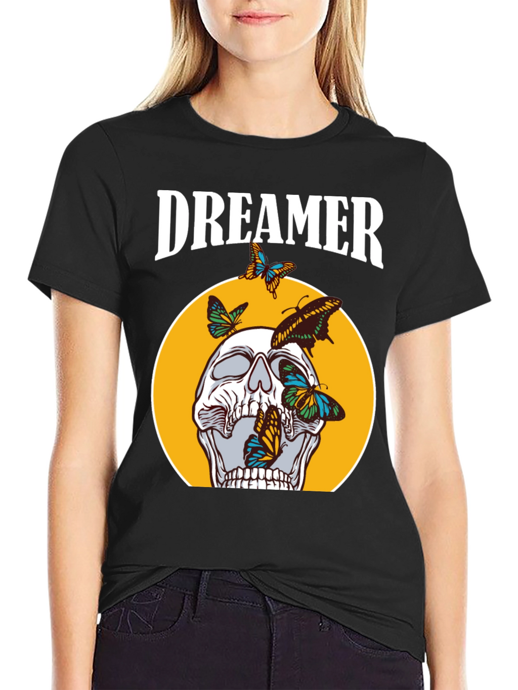 Dreamer Skull Butterfly Graphic Tee - Black Cotton T-Shirt