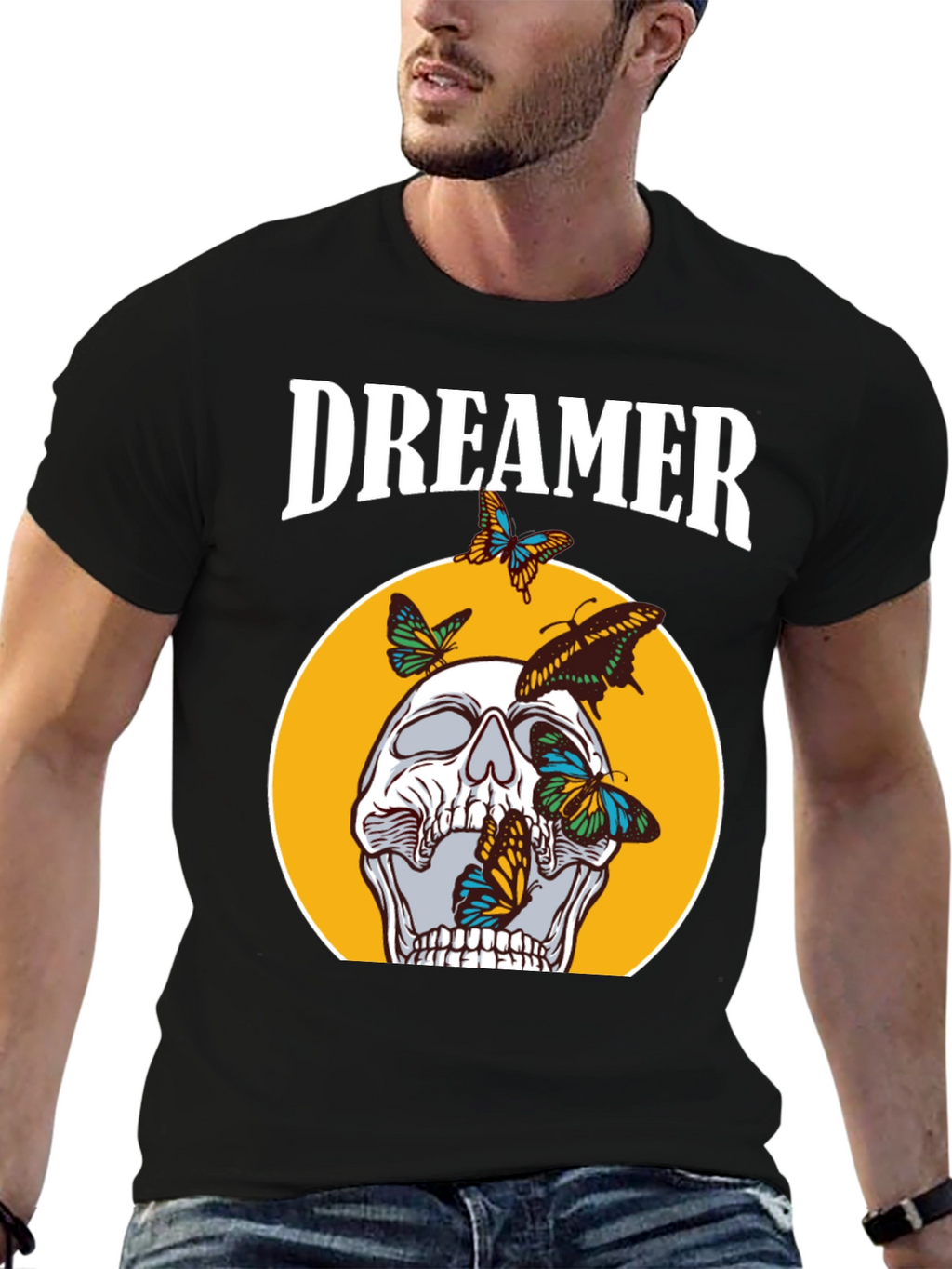 Dreamer Skull Butterfly Graphic Tee - Black Cotton T-Shirt