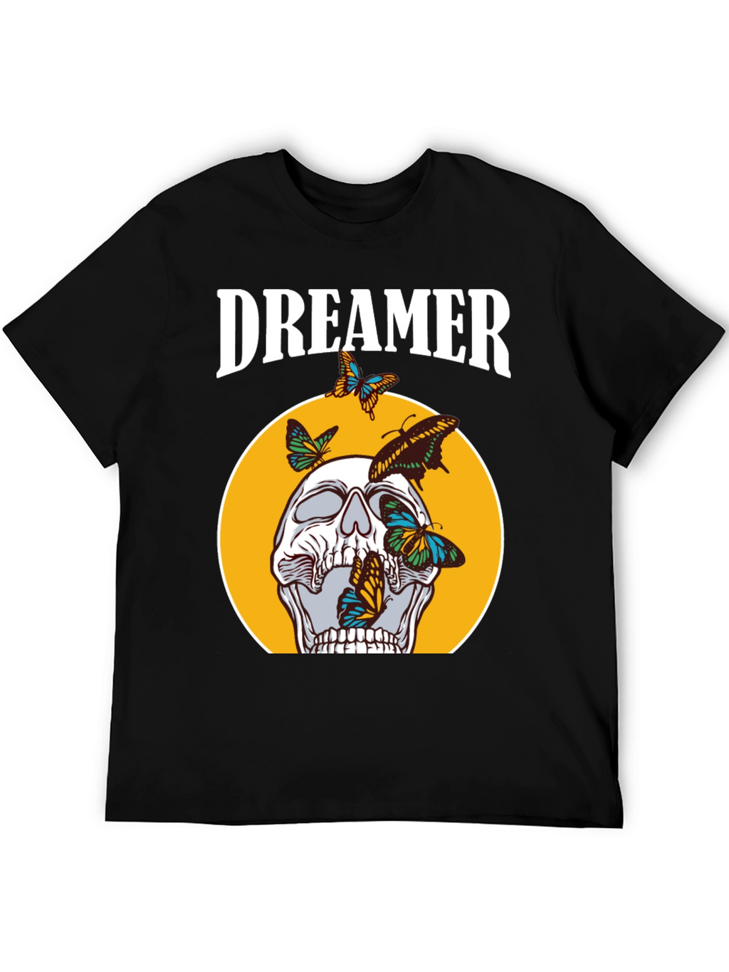 Dreamer Skull Butterfly Graphic Tee - Black Cotton T-Shirt