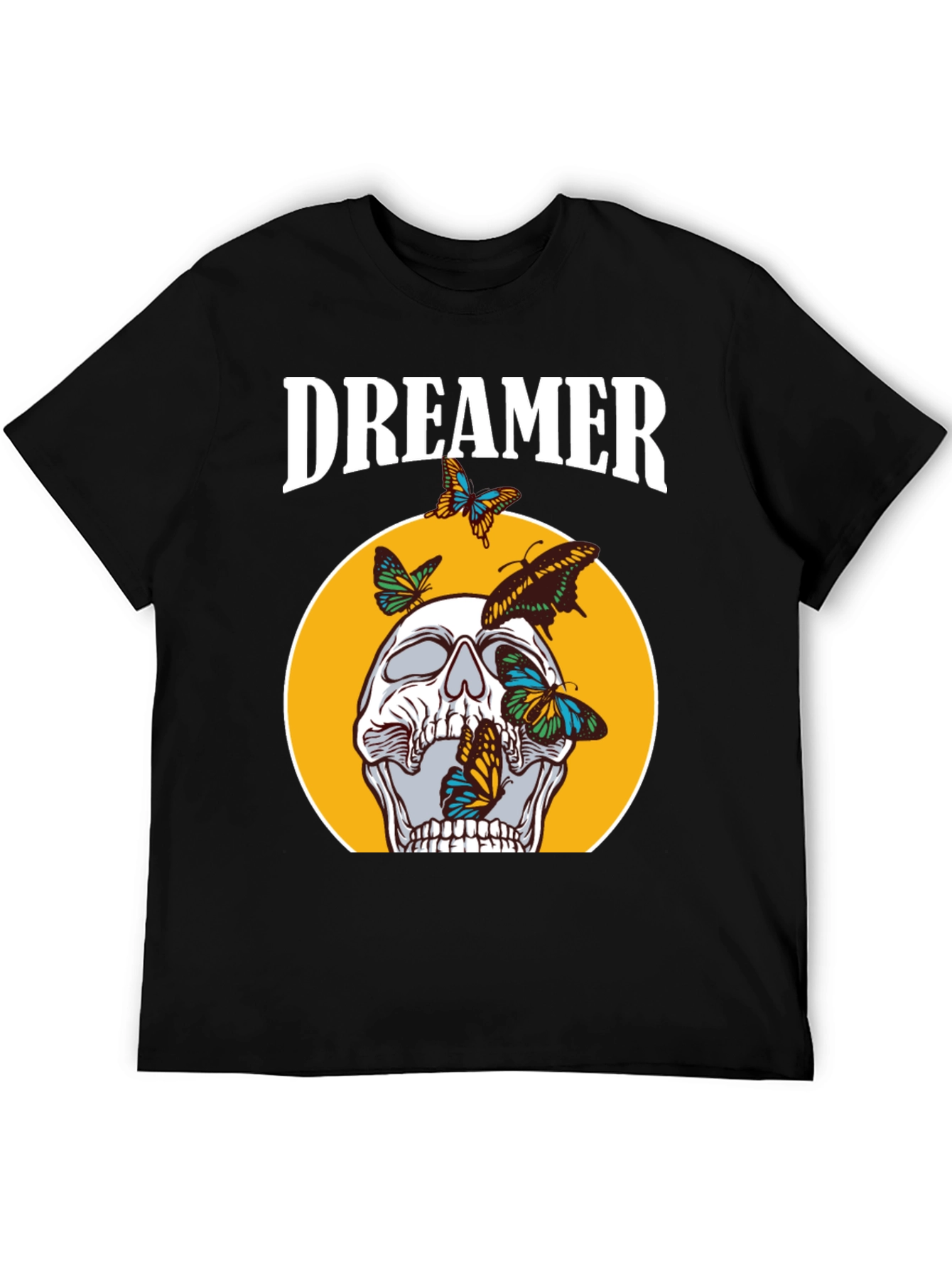 Dreamer Skull Butterfly Graphic Tee - Black Cotton T-Shirt
