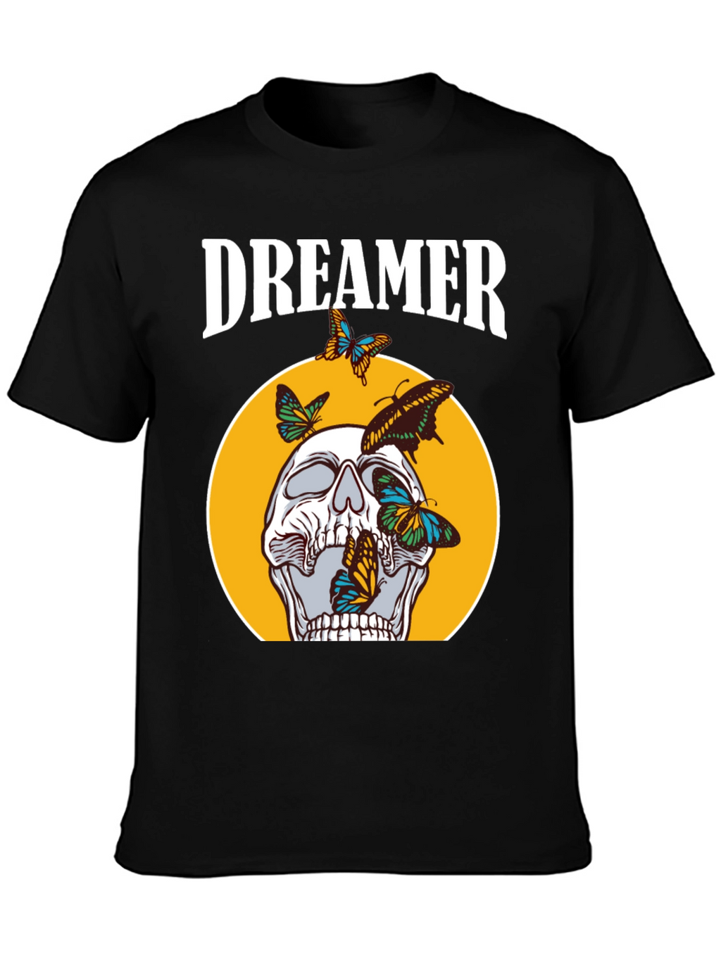 Dreamer Skull Butterfly Graphic Tee - Black Cotton T-Shirt