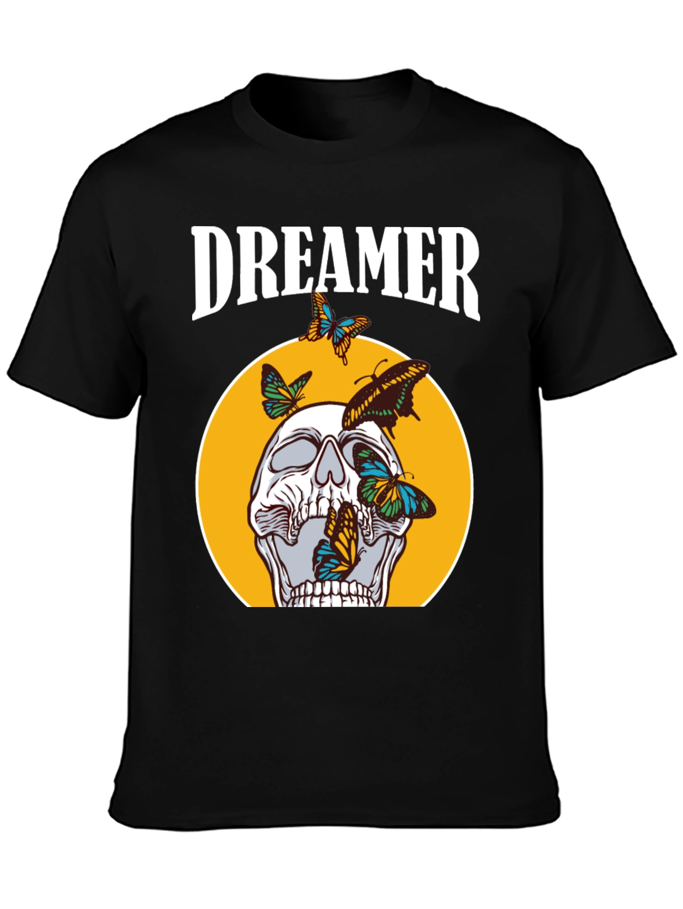 Dreamer Skull Butterfly Graphic Tee - Black Cotton T-Shirt