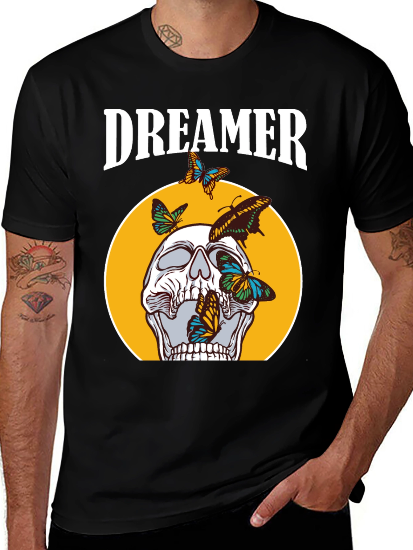 Dreamer Skull Butterfly Graphic Tee - Black Cotton T-Shirt