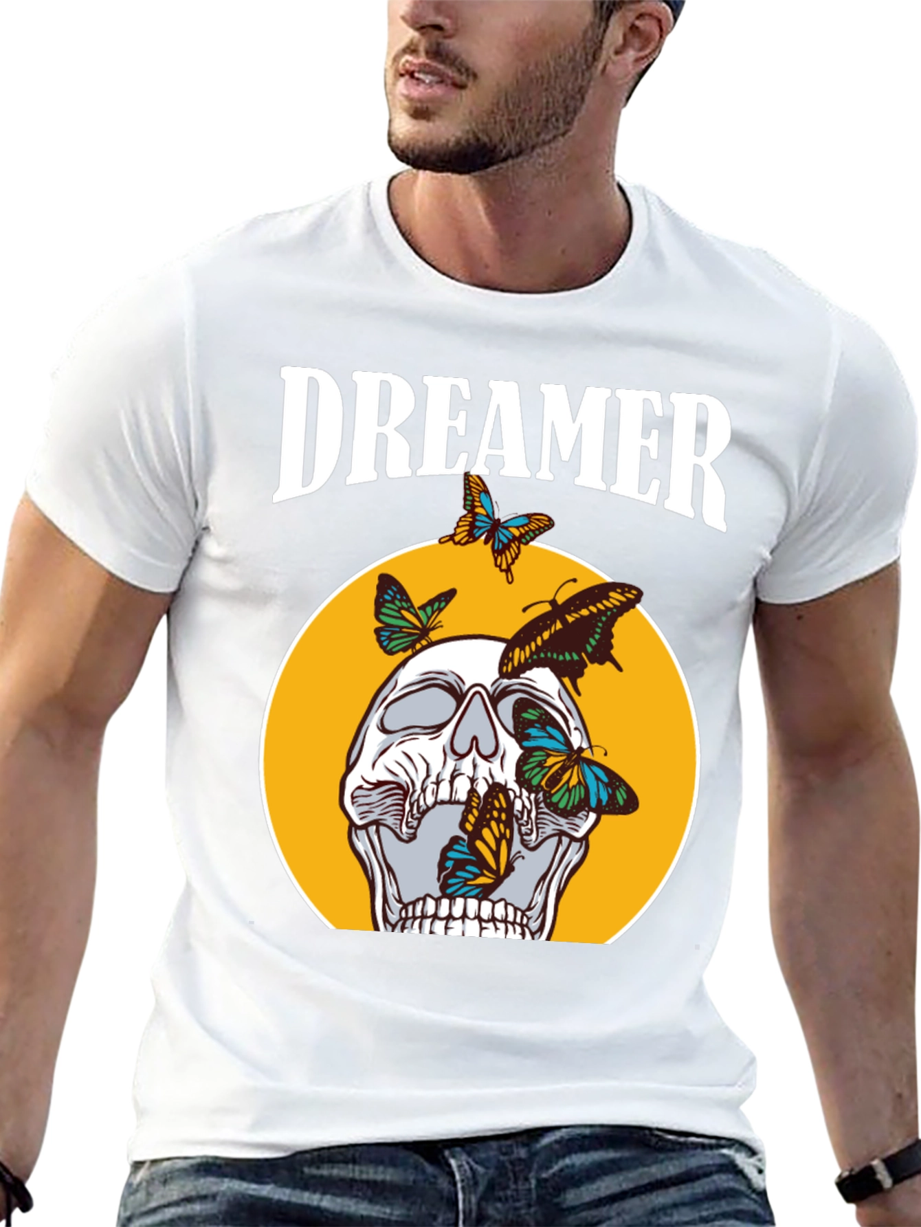 Dreamer Skull Butterfly Graphic Tee - Black Cotton T-Shirt