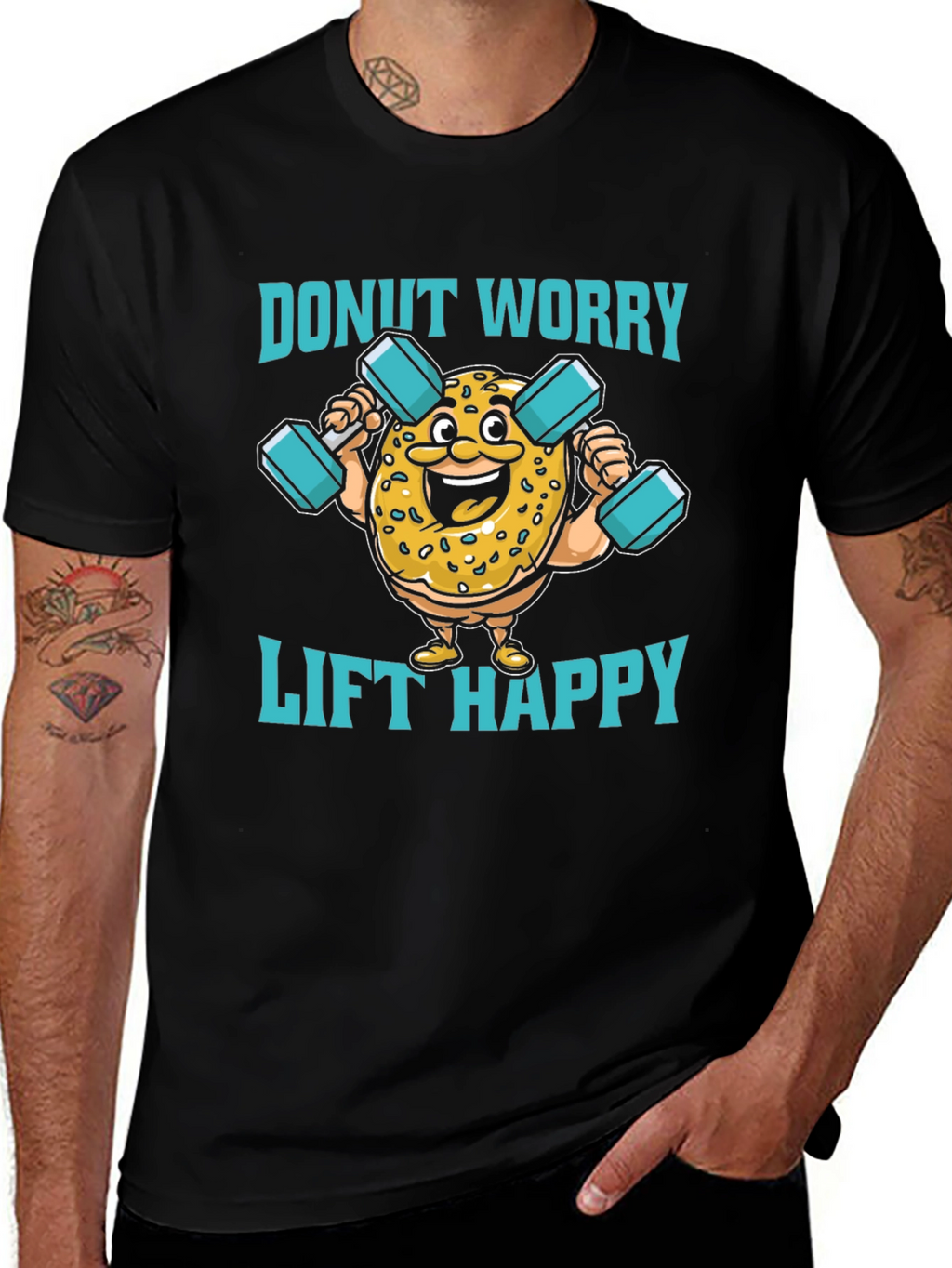 Donut Worry Lift Happy Black Graphic T-Shirt