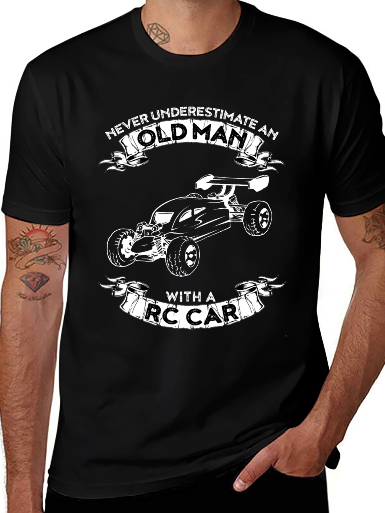 Never Underestimate Old Man RC Car Black T-Shirt
