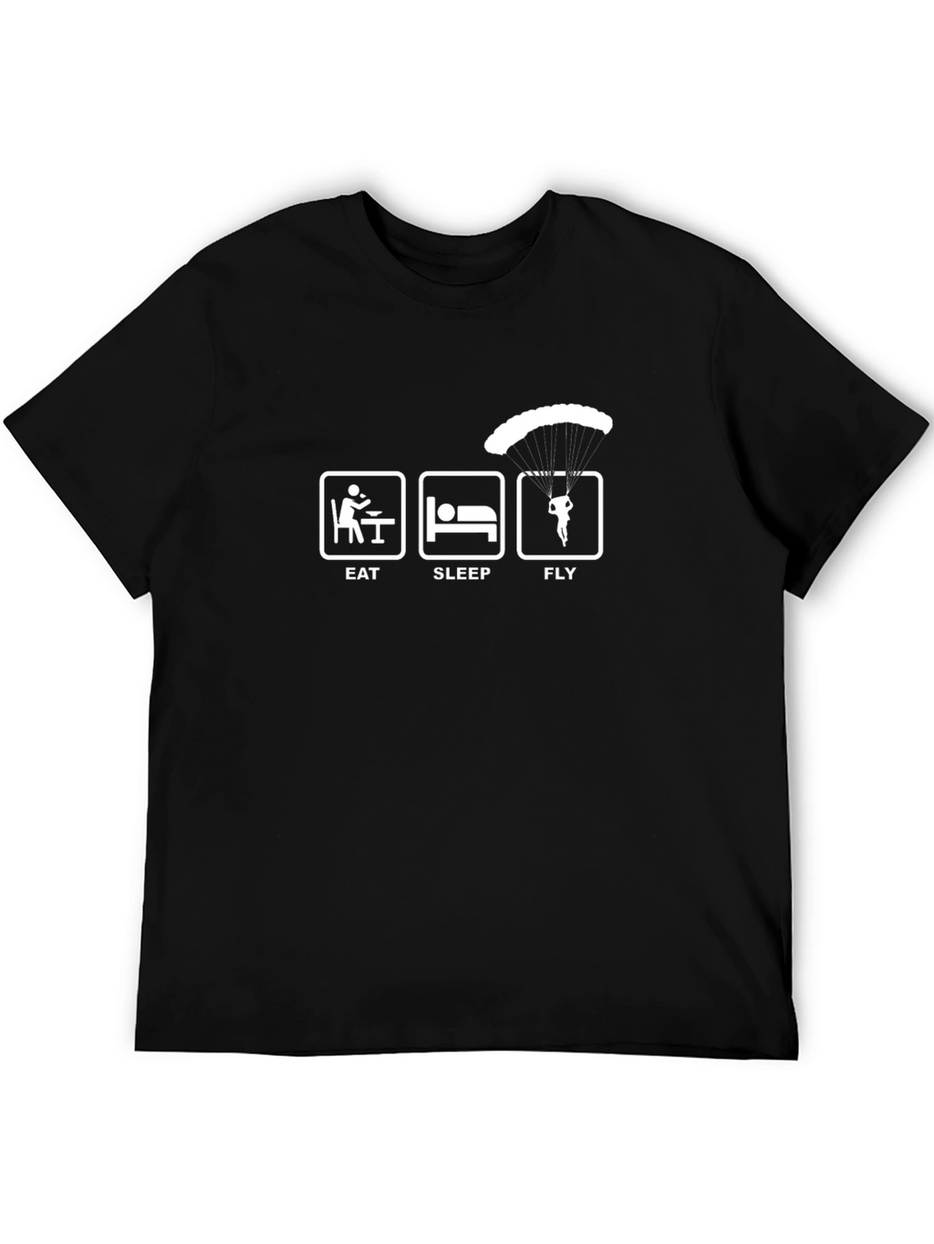 Eat Sleep Fly Black T-Shirt - Skydiving Parachute Design