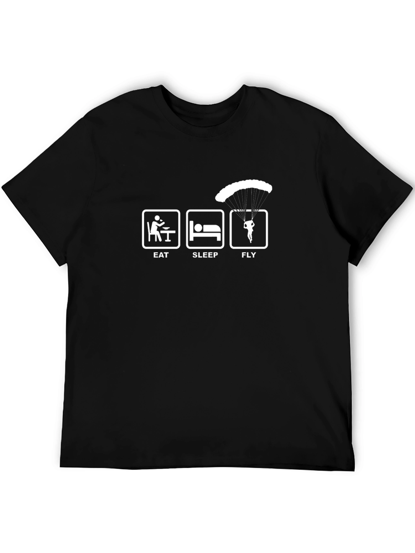 Eat Sleep Fly Black T-Shirt - Skydiving Parachute Design