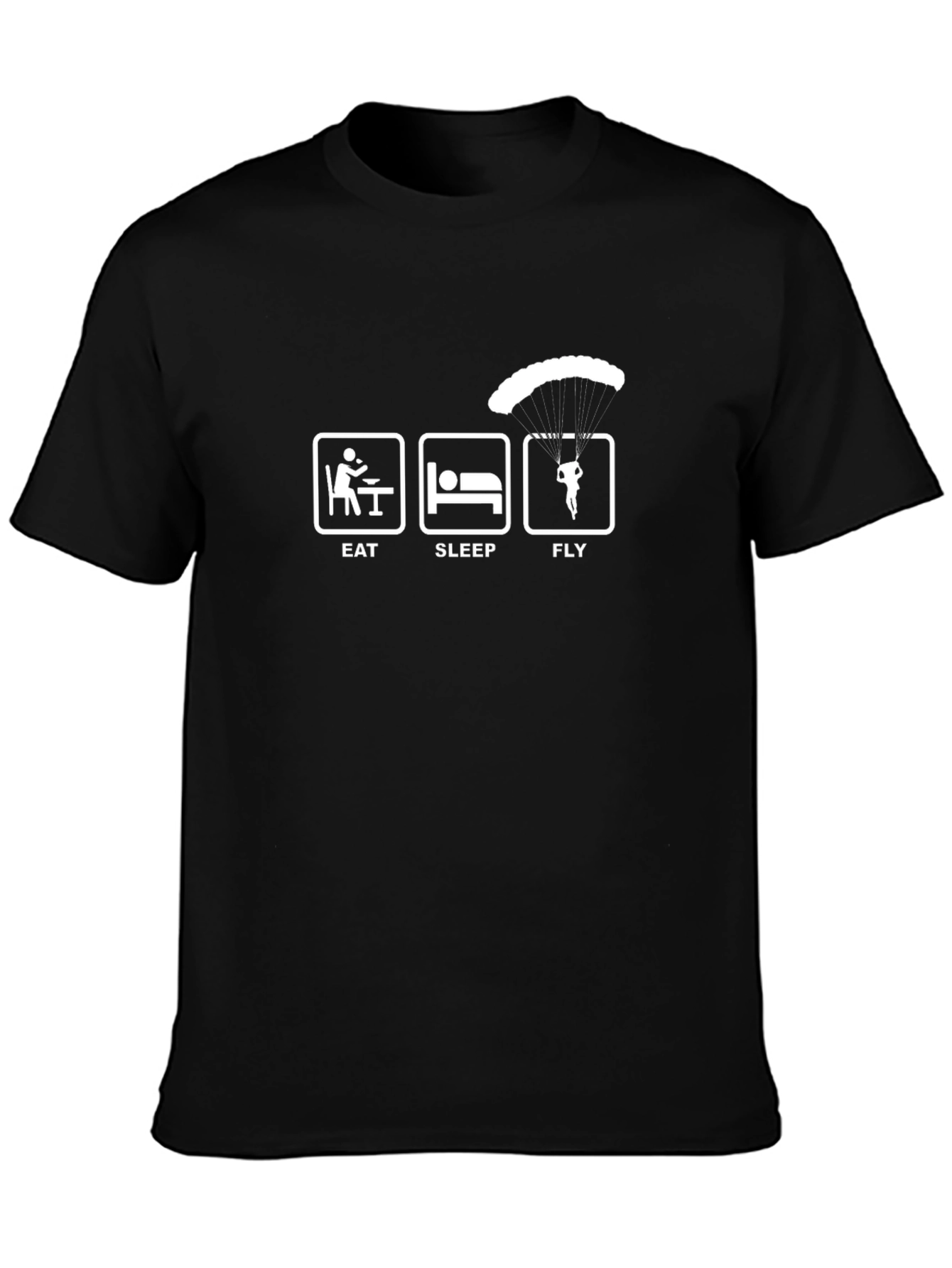 Eat Sleep Fly Black T-Shirt - Skydiving Parachute Design