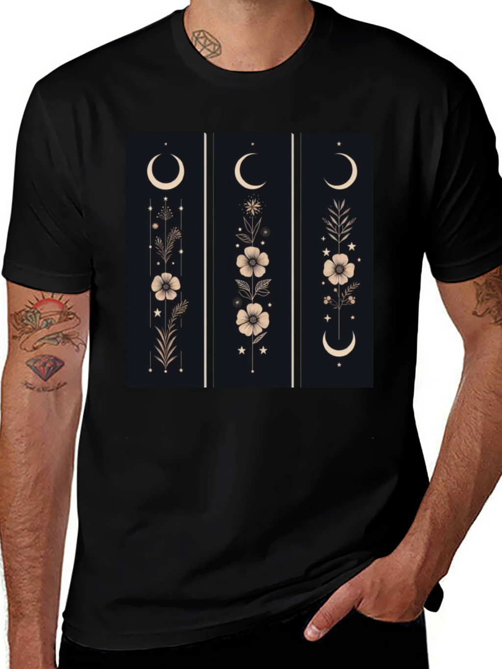 Floral Moon Phase Graphic Black T-Shirt