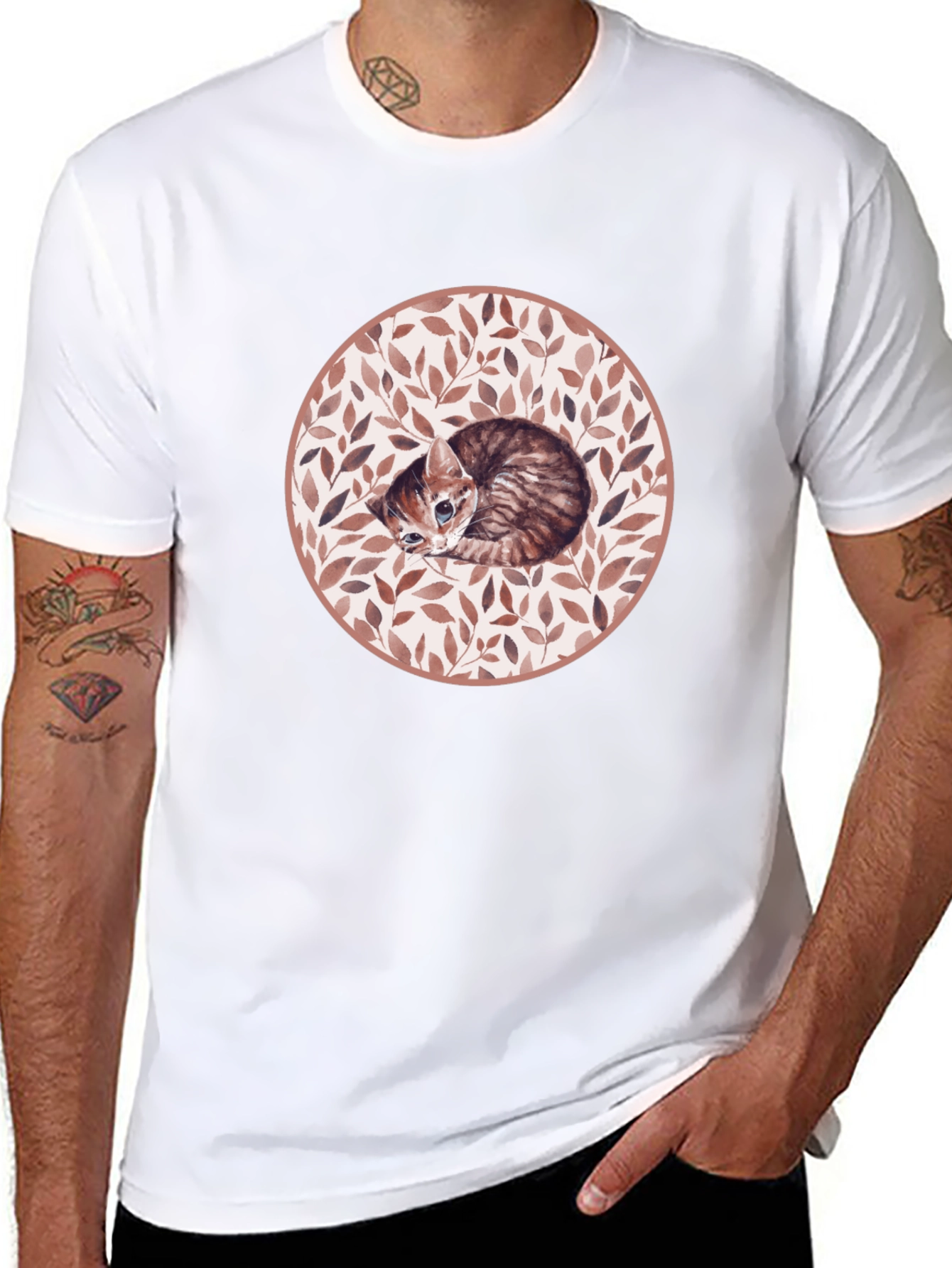 Kitten Leaf Circle Graphic T-Shirt - Black