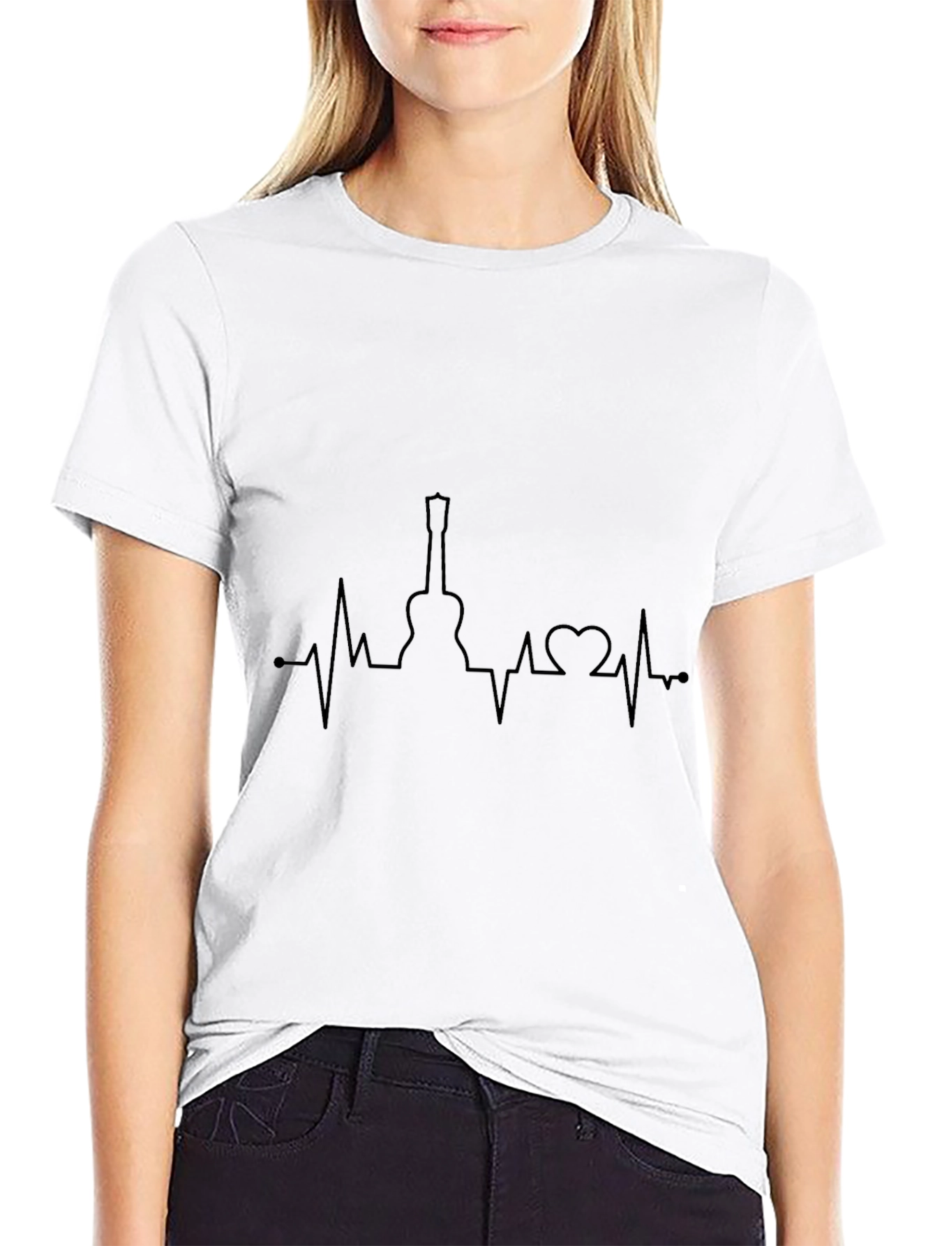 Guitar Heartbeat Graphic Tee - Black Crew Neck T-Shirt