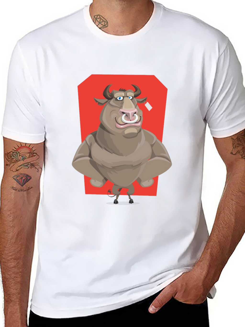 Bull Cartoon Graphic T-Shirt - Black Crew Neck Tee