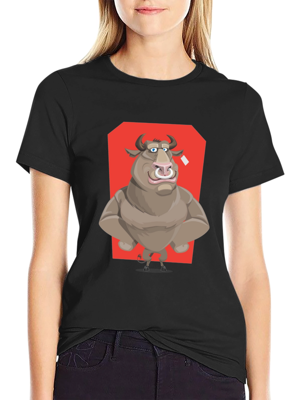Bull Cartoon Graphic T-Shirt - Black Crew Neck Tee