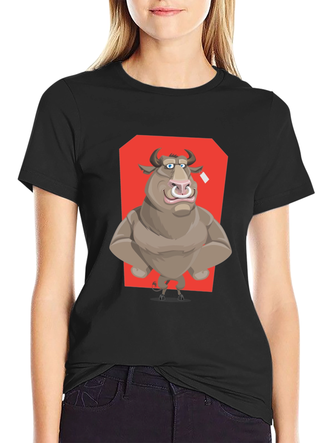 Bull Cartoon Graphic T-Shirt - Black Crew Neck Tee