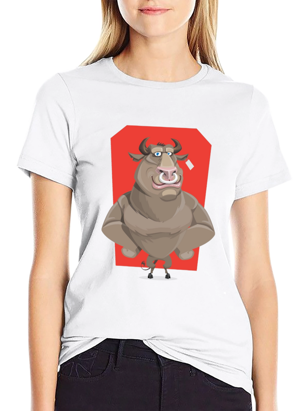 Bull Cartoon Graphic T-Shirt - Black Crew Neck Tee
