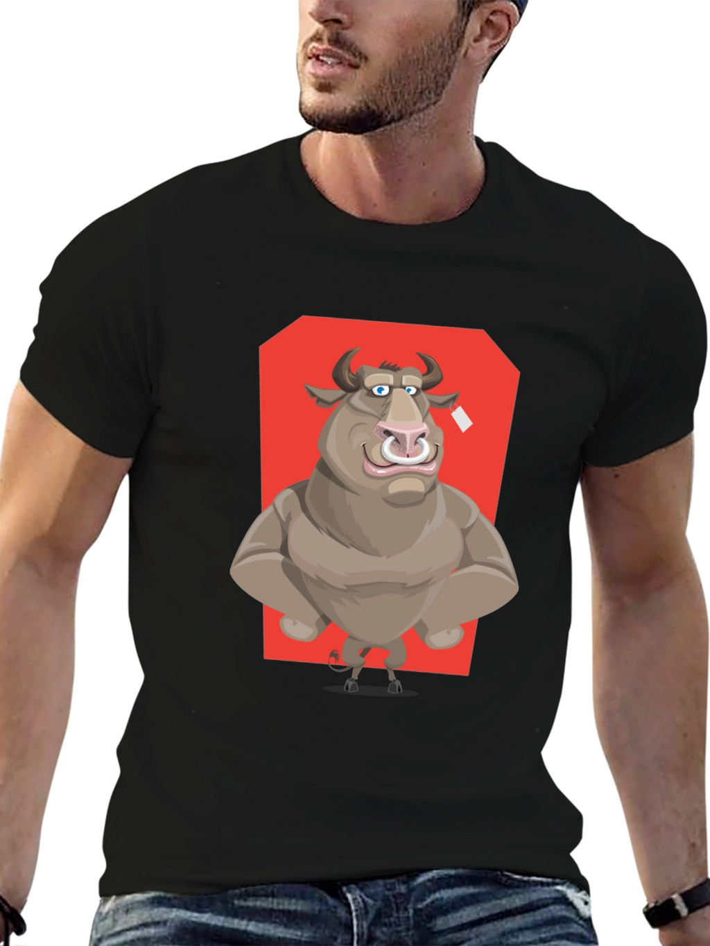Bull Cartoon Graphic T-Shirt - Black Crew Neck Tee