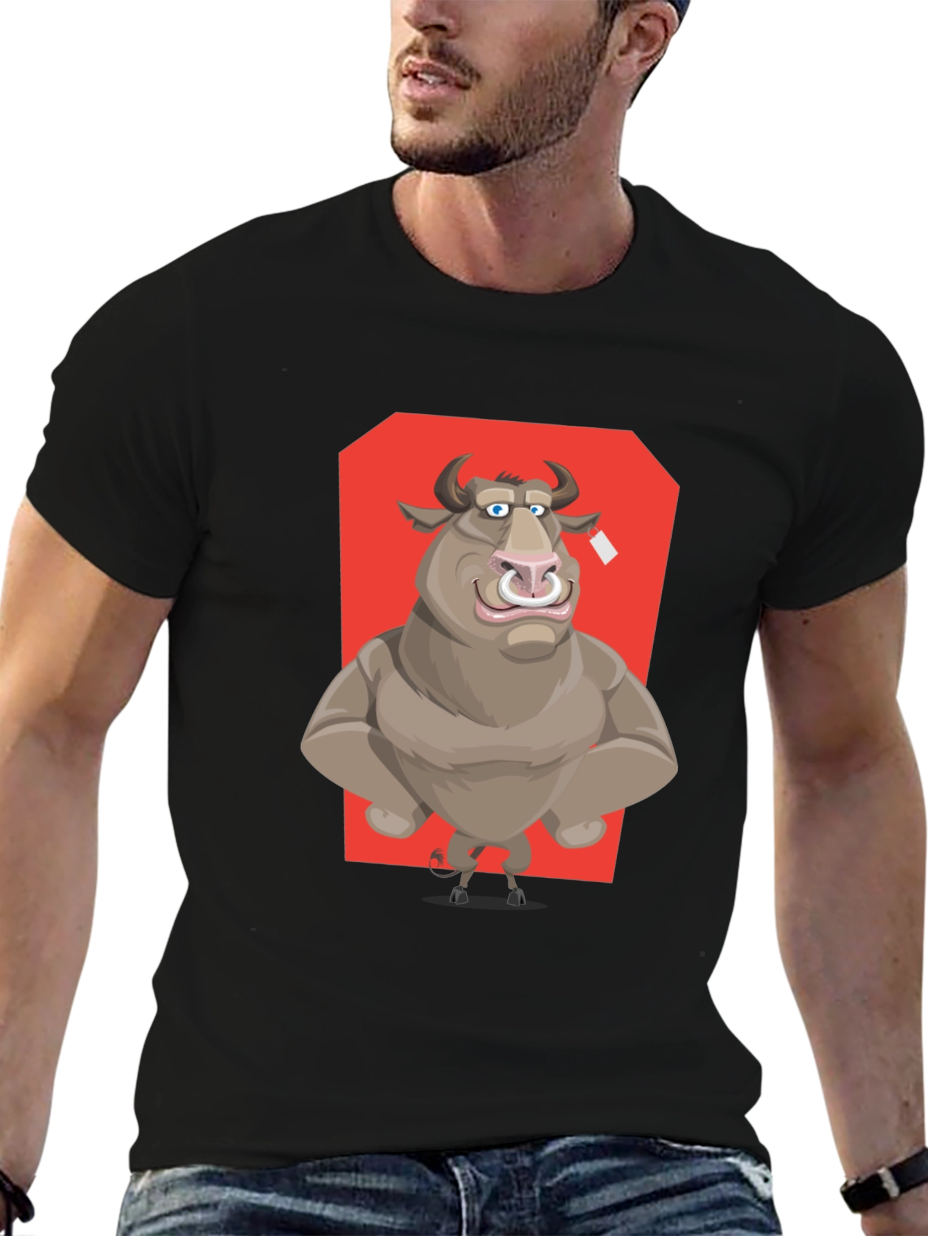 Bull Cartoon Graphic T-Shirt - Black Crew Neck Tee