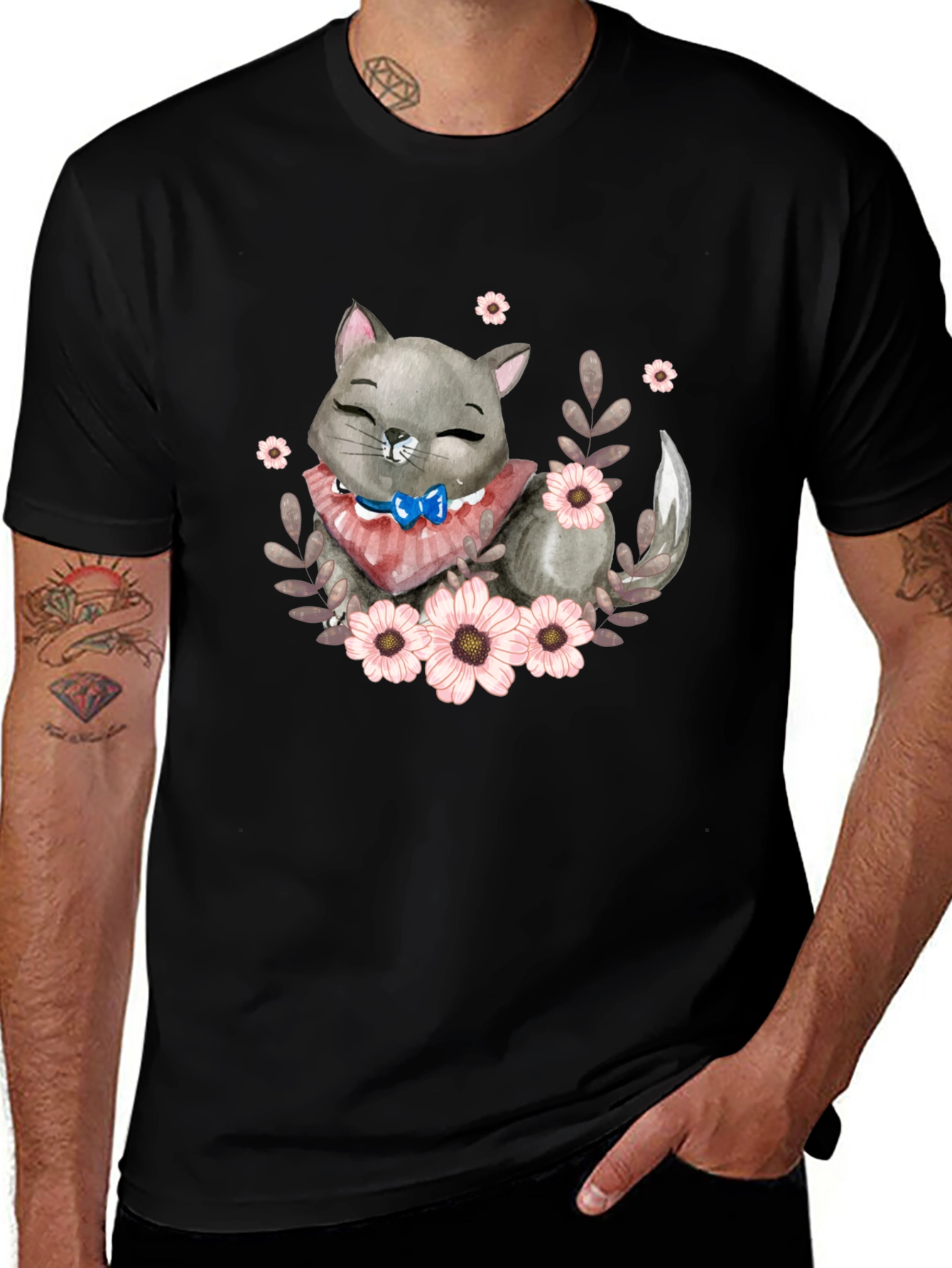 Cute Cartoon Cat Floral T-Shirt