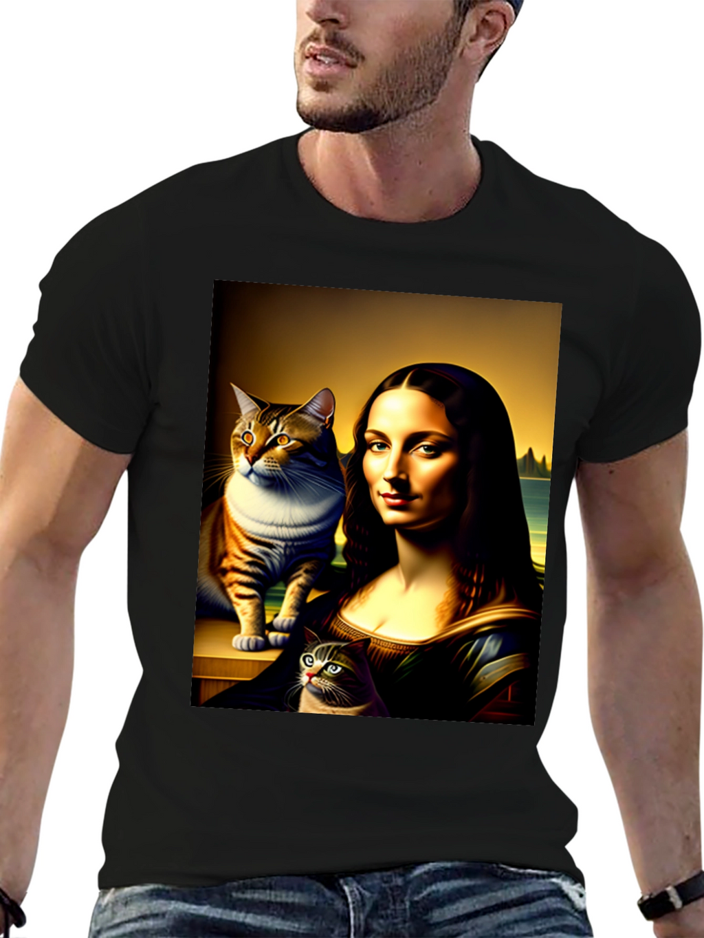 Mona Lisa Cat Art Graphic T-Shirt