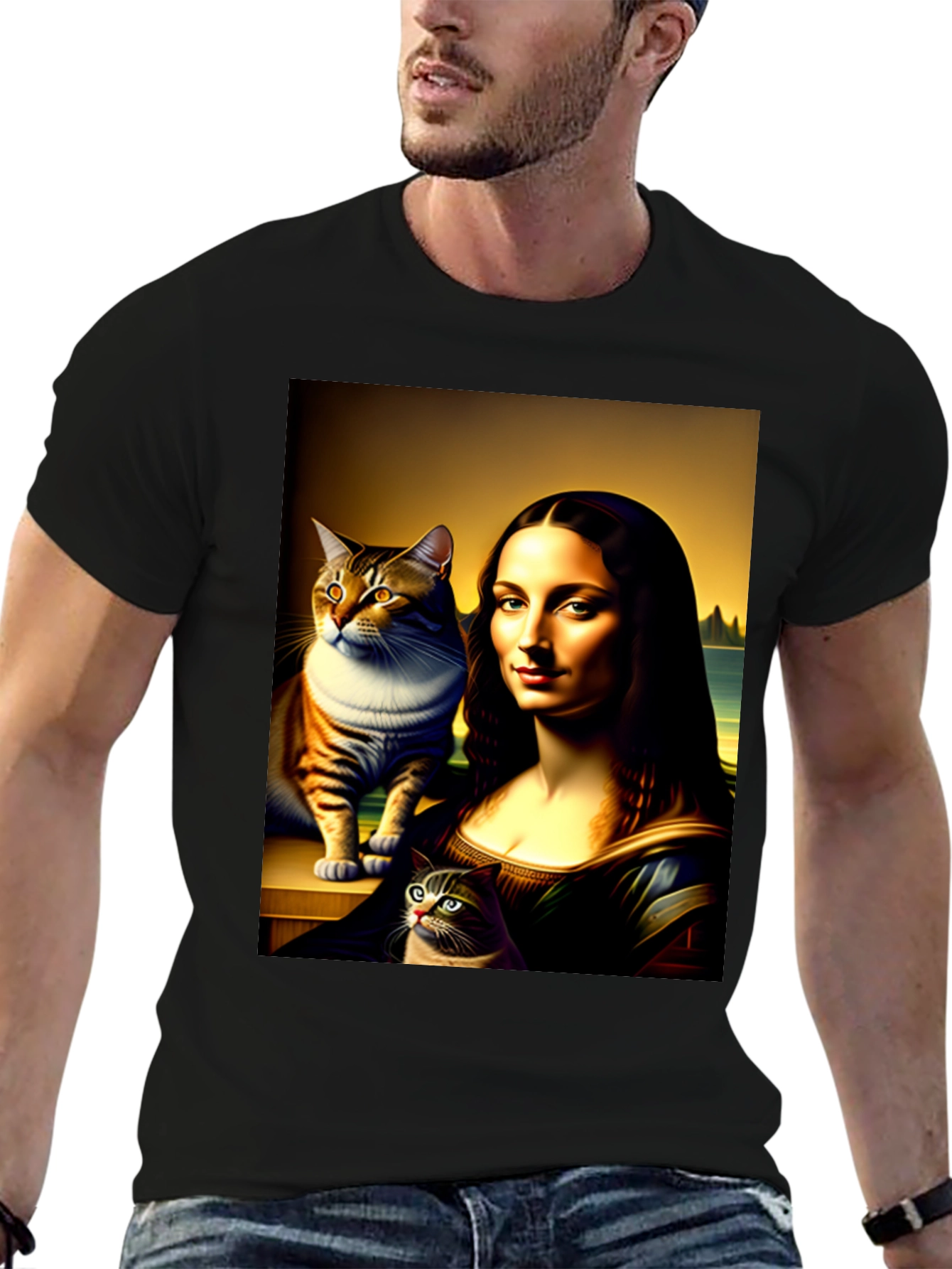 Mona Lisa Cat Art Graphic T-Shirt