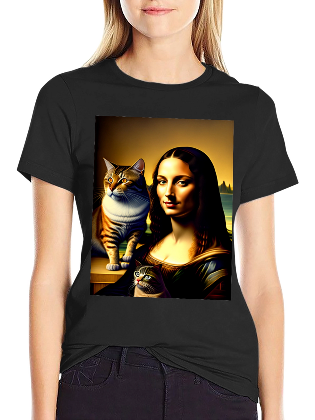 Mona Lisa Cat Art Graphic T-Shirt
