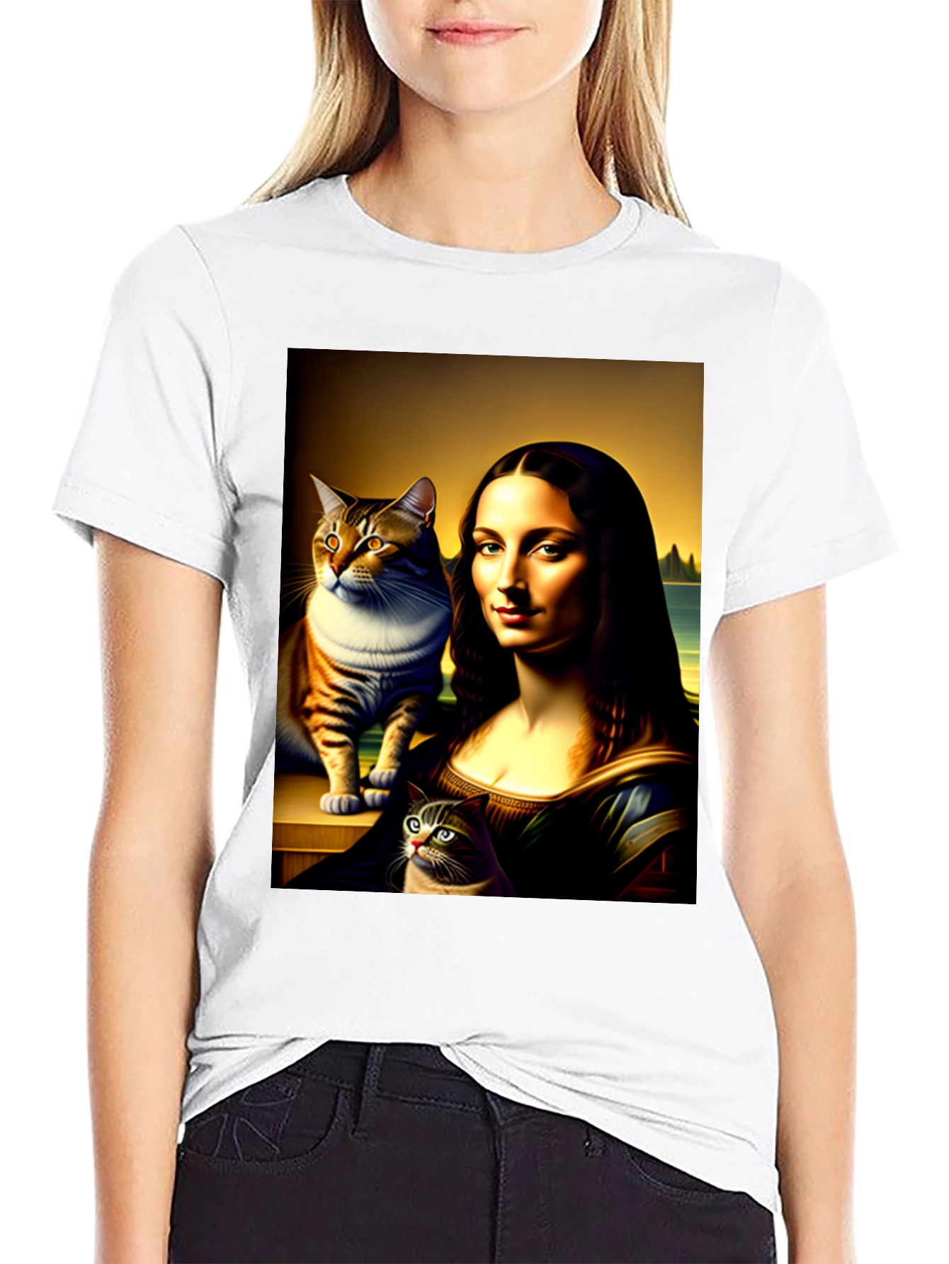 Mona Lisa Cat Art Graphic T-Shirt