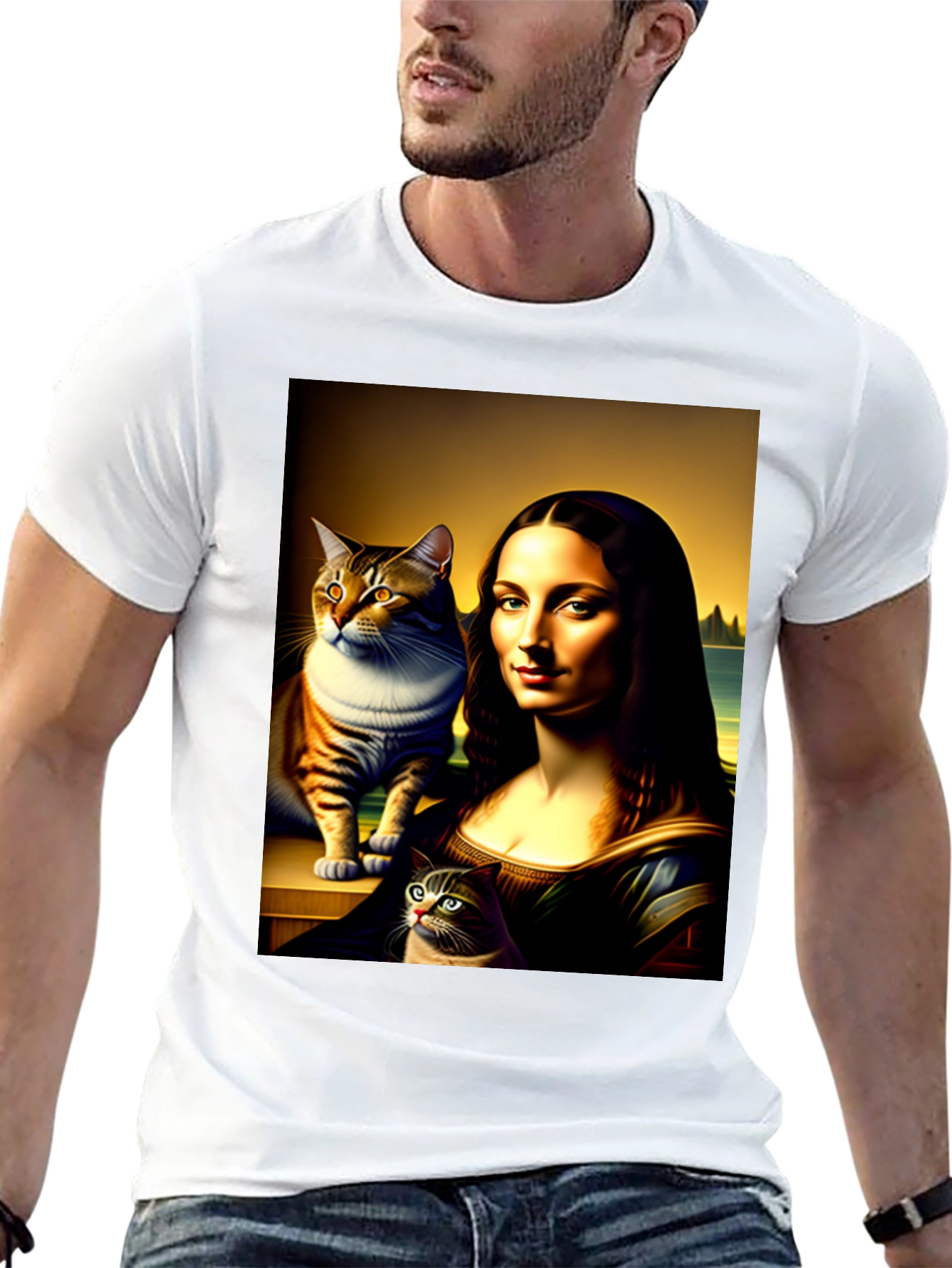 Mona Lisa Cat Art Graphic T-Shirt