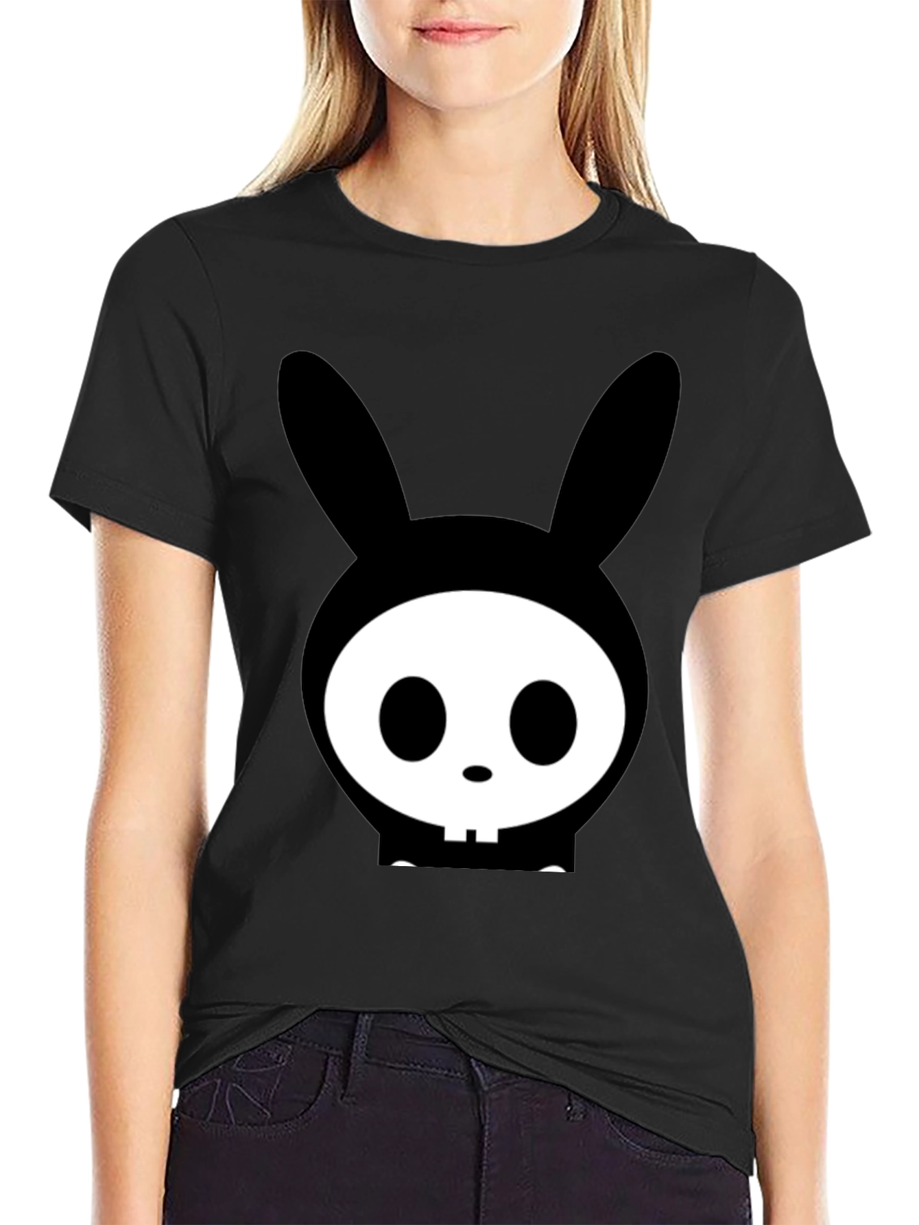Bunny Skull Graphic Tee - Edgy Black T-Shirt