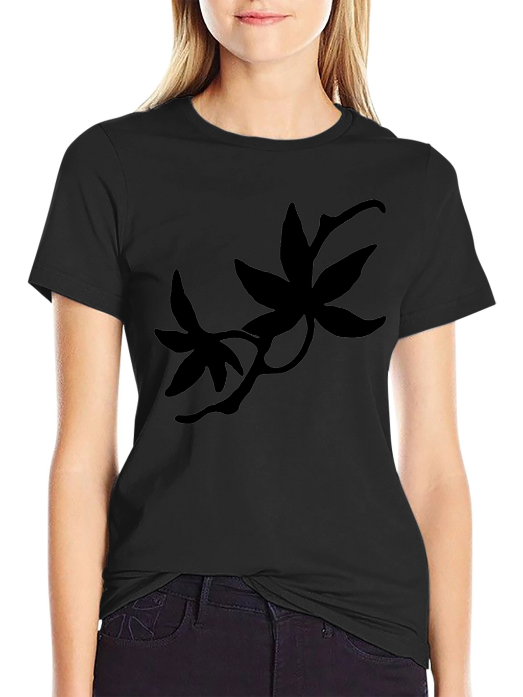 Black T-Shirt with Botanical Silhouette