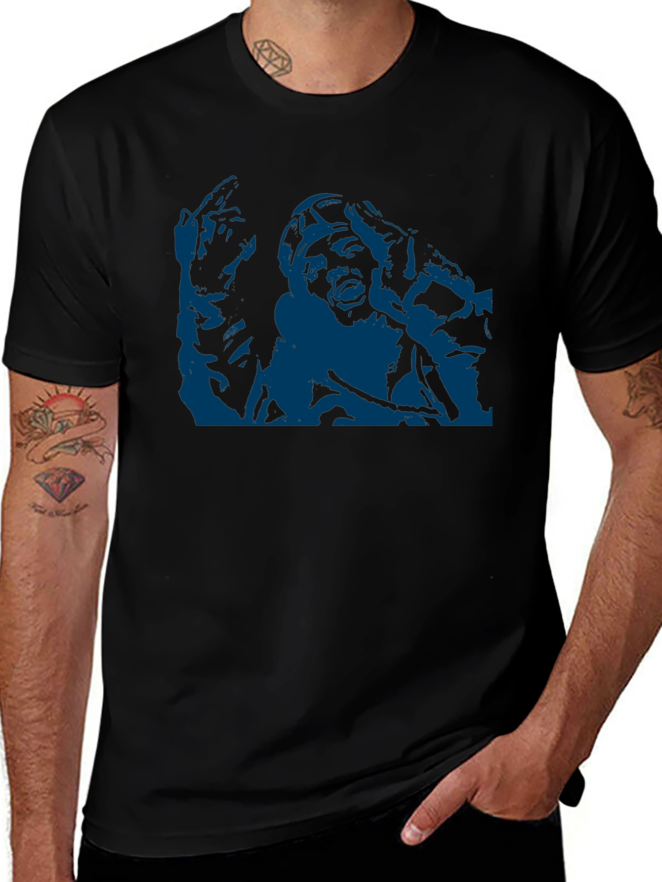 Unique Graphic Tee - Bold Blue Print on Black