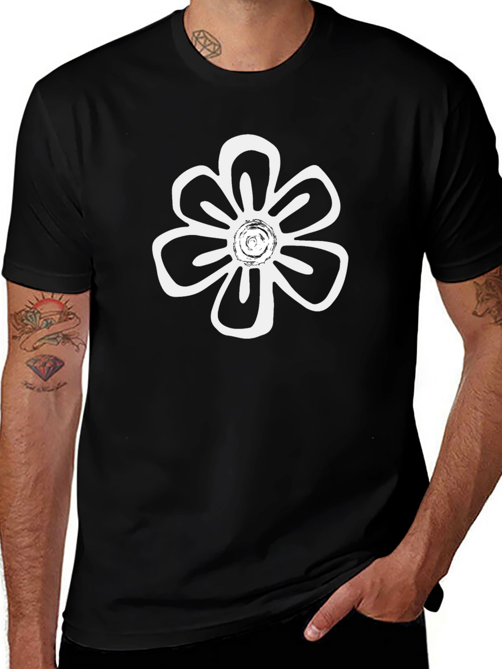 Black T-Shirt with White Flower Print