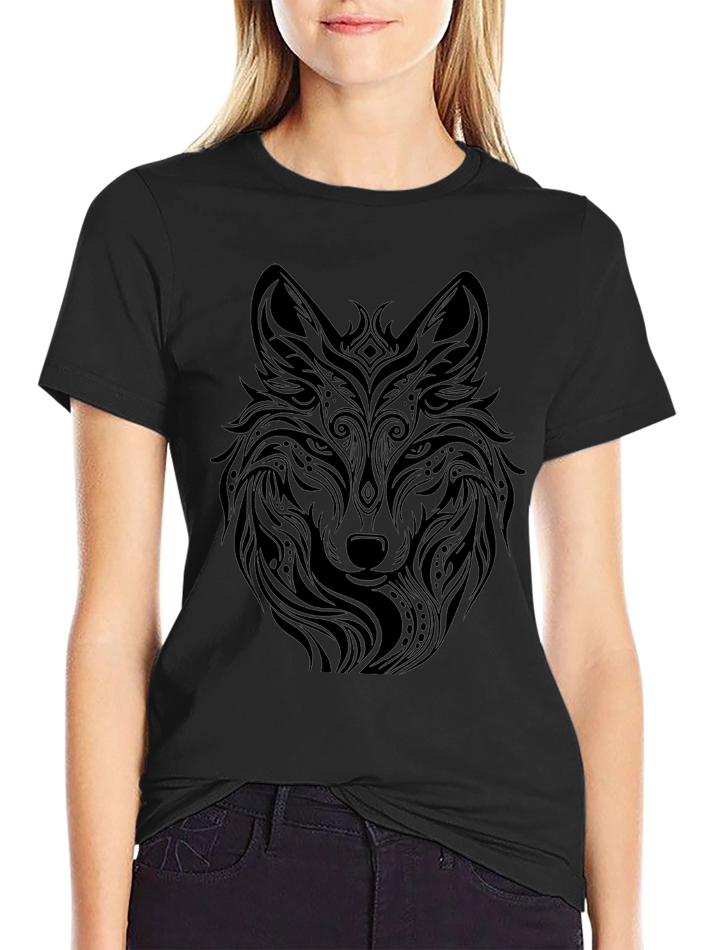 Tribal Wolf Graphic Black T-Shirt