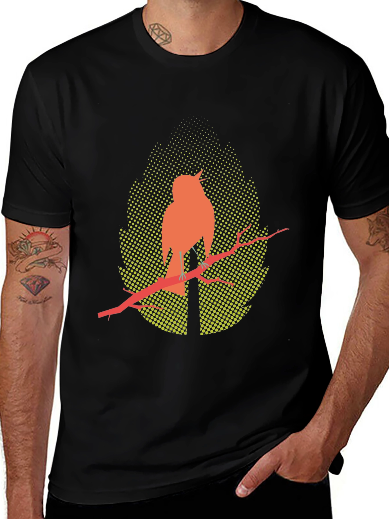 Bird on Branch Graphic Tee - Stylish Mens Black T-Shirt