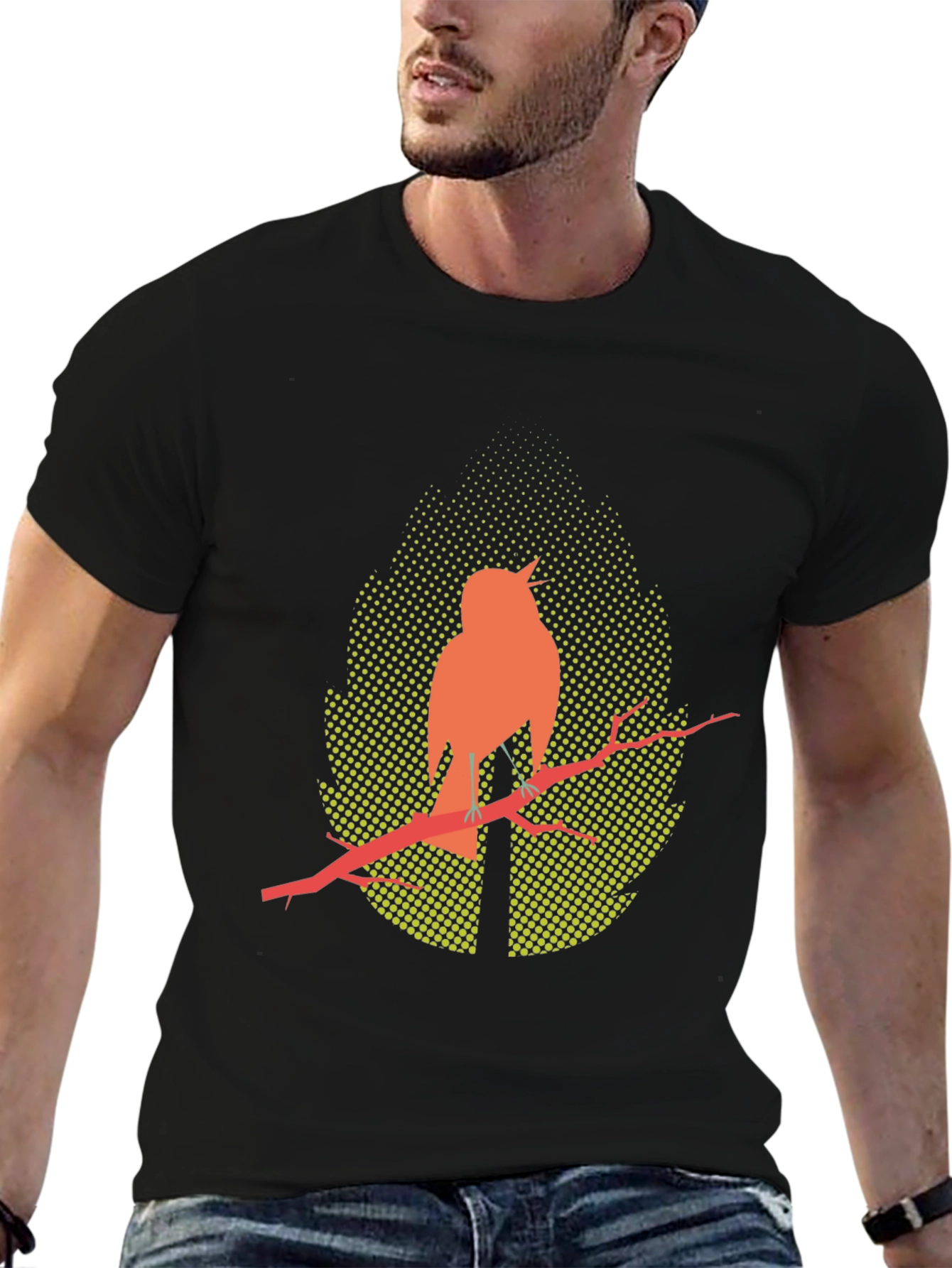 Bird on Branch Graphic Tee - Stylish Mens Black T-Shirt