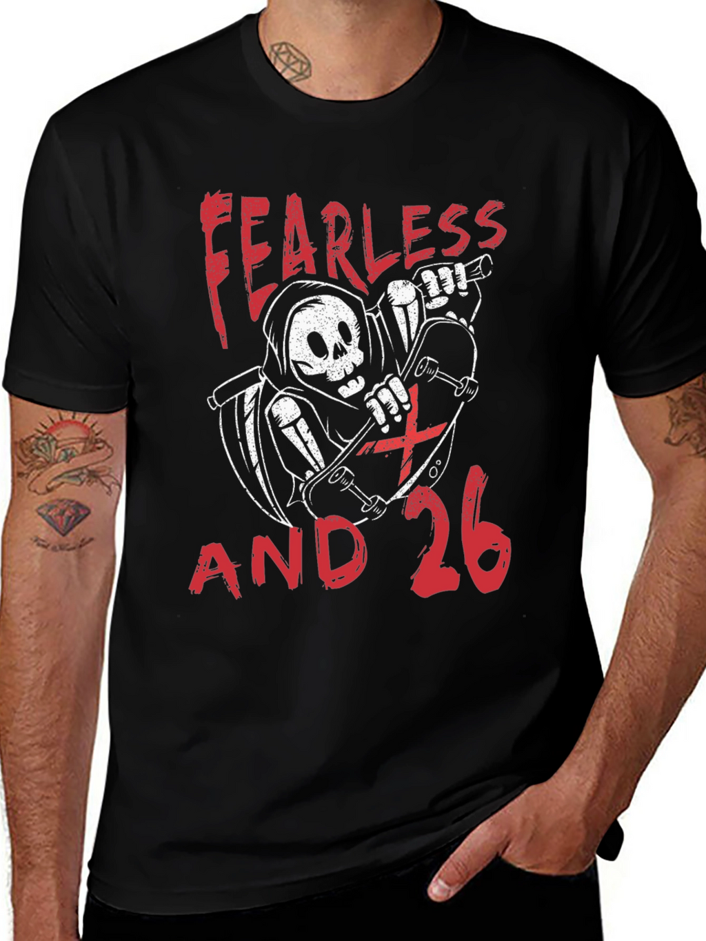 Fearless and 26 T-Shirt - Skateboard Reaper Design