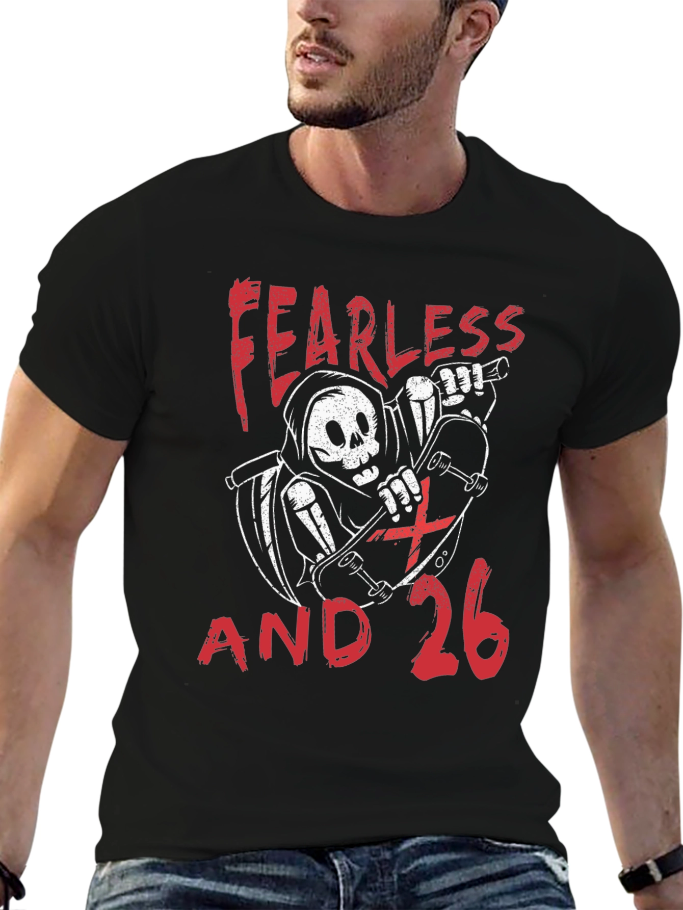 Fearless and 26 T-Shirt - Skateboard Reaper Design