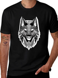 Geometric Wolf Head Graphic Print Black T-Shirt