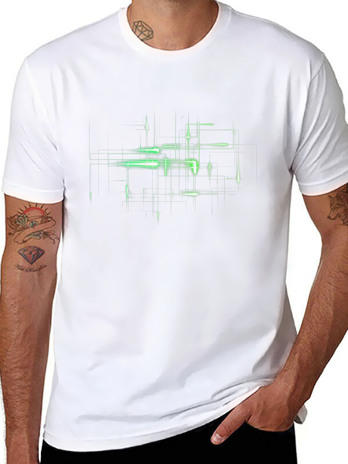 Futuristic Green Grid Graphic Black T-Shirt