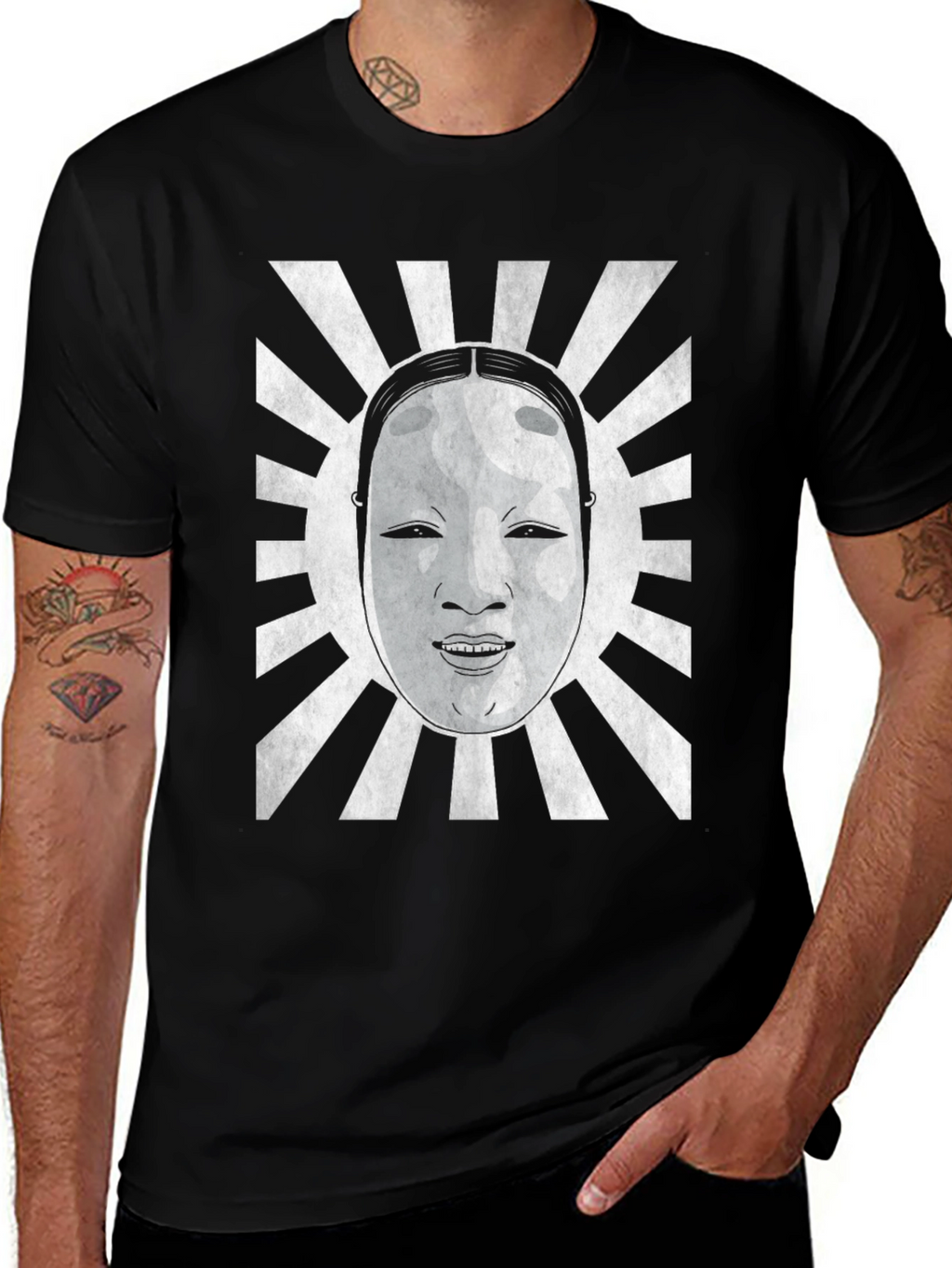 Japanese Noh Mask Graphic Tee - Black Cotton Blend
