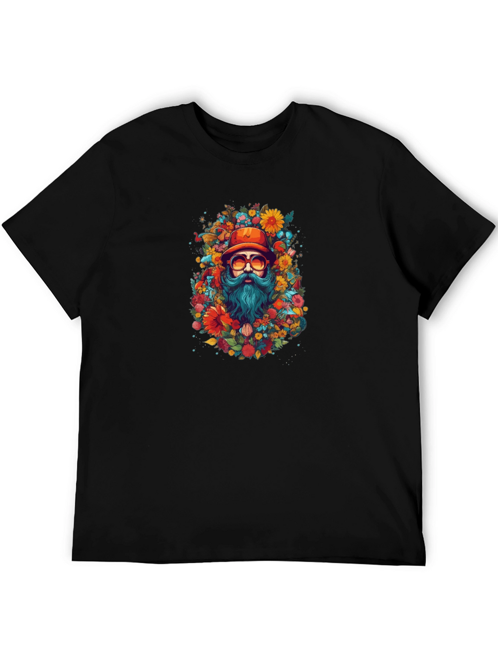 Floral Bearded Man Black T-Shirt